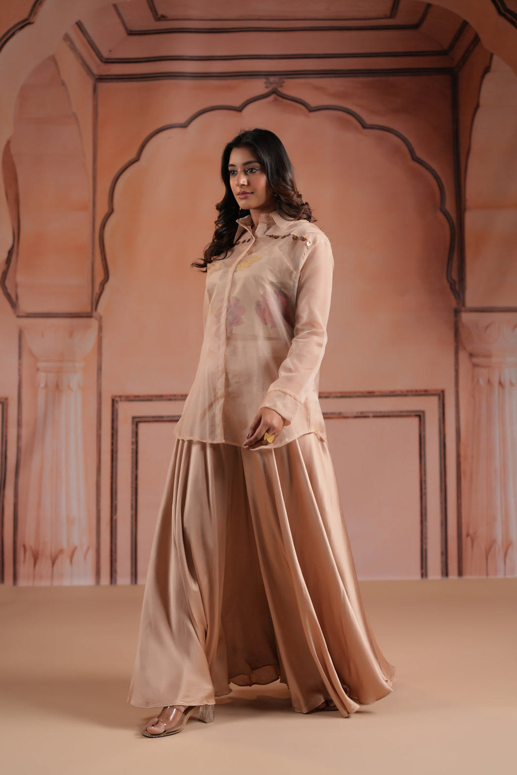 Beige Crepe Indo Western Outfit With Printed Crop Top And Collared Shirt Sharara Pant