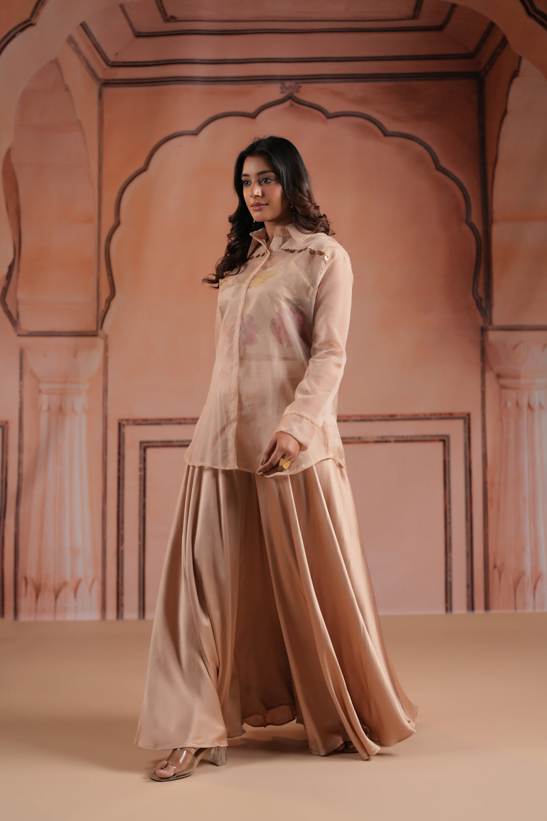 Beige Crepe Indo Western Outfit With Printed Crop Top And Collared Shirt Sharara Pant