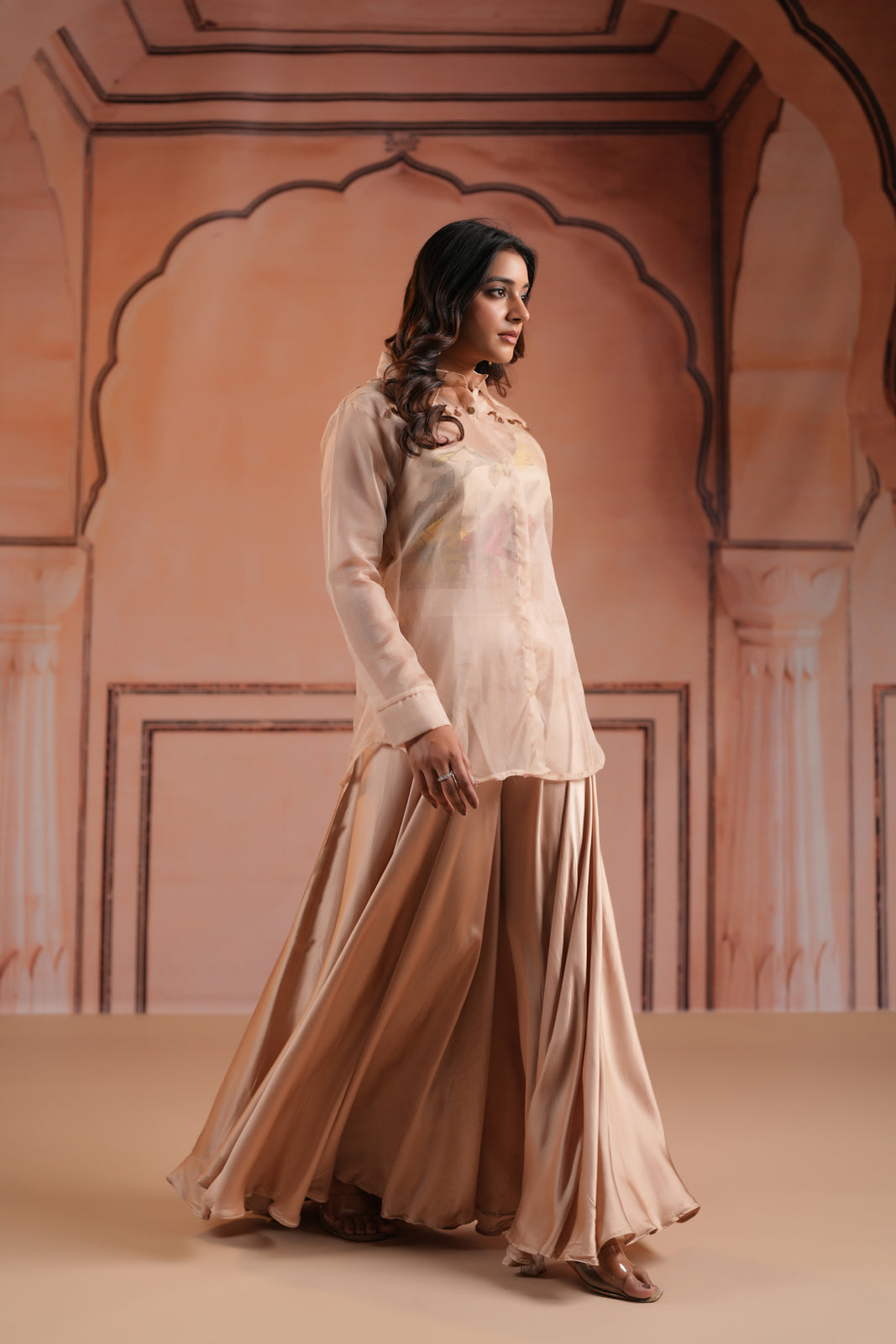 Beige Crepe Indo Western Outfit With Printed Crop Top And Collared Shirt Sharara Pant