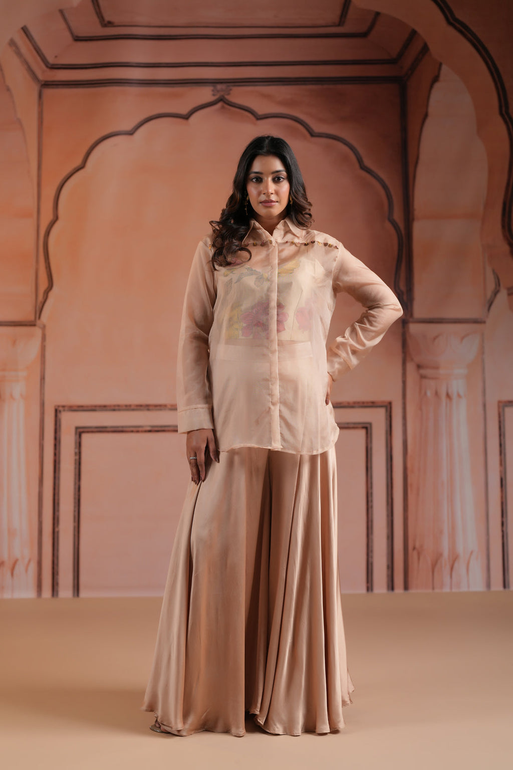 Beige Crepe Indo Western Outfit With Printed Crop Top And Collared Shirt Sharara Pant