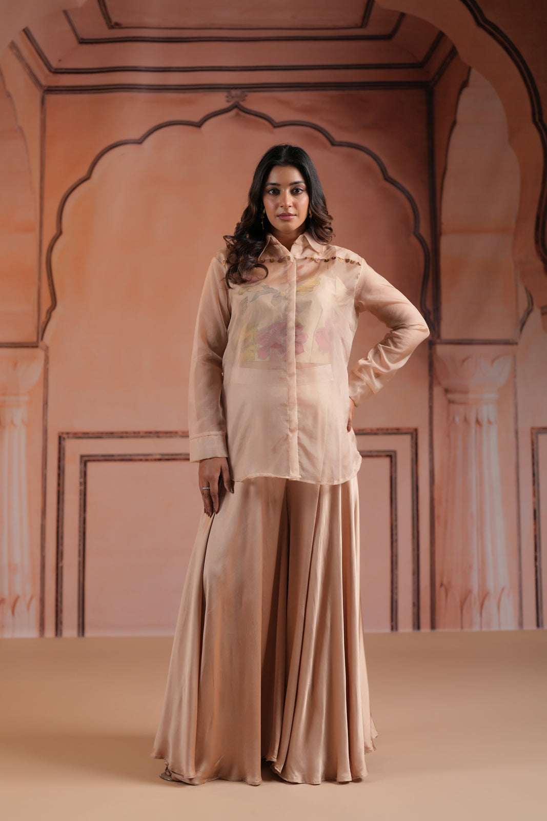Beige Crepe Indo Western Outfit With Printed Crop Top And Collared Shirt Sharara Pant