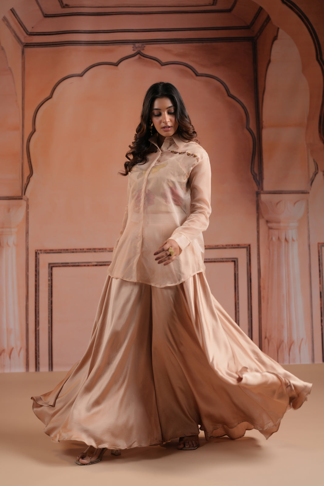 Beige Crepe Indo Western Outfit With Printed Crop Top And Collared Shirt Sharara Pant