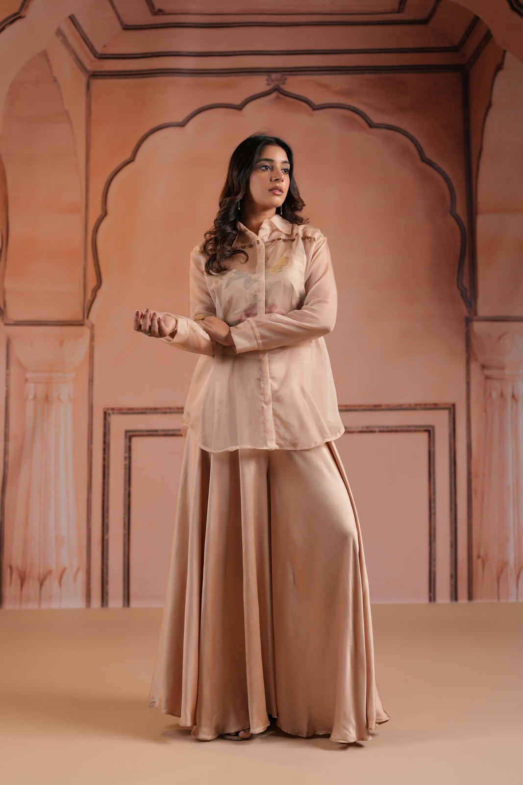 Beige Crepe Indo Western Outfit With Printed Crop Top And Collared Shirt Sharara Pant