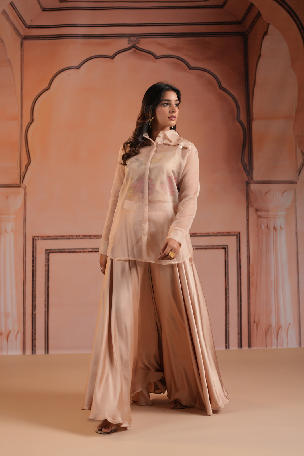 Beige Crepe Indo Western Outfit With Printed Crop Top And Collared Shirt Sharara Pant
