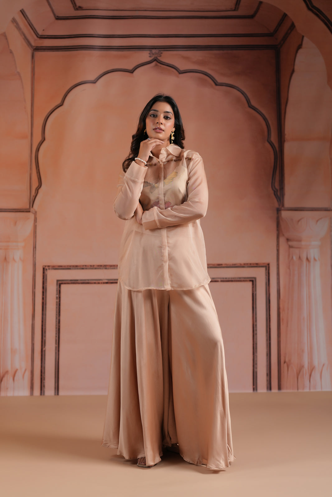 Beige Crepe Indo Western Outfit With Printed Crop Top And Collared Shirt Sharara Pant