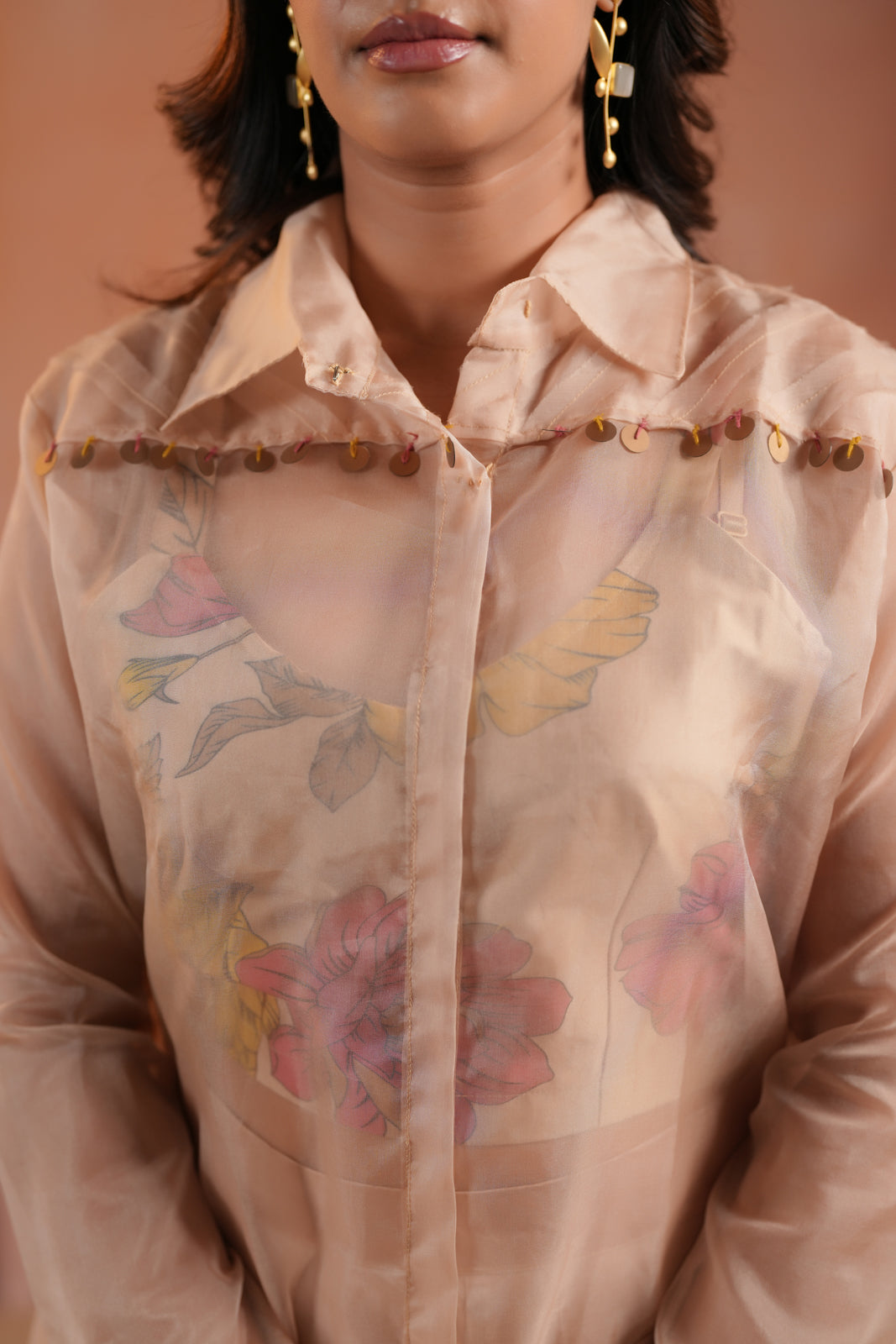 Beige Crepe Indo Western Outfit With Printed Crop Top And Collared Shirt Sharara Pant