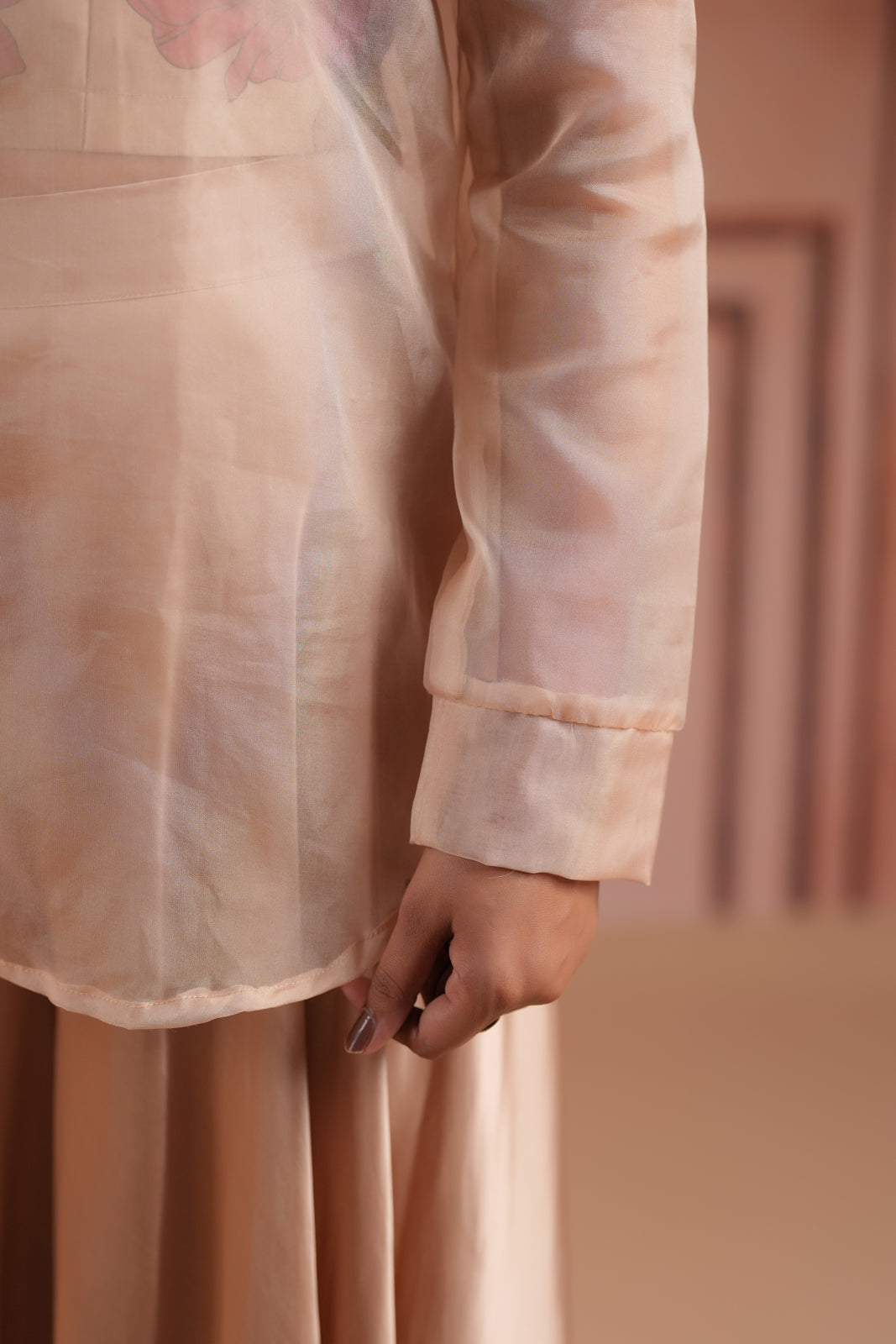 Beige Crepe Indo Western Outfit With Printed Crop Top And Collared Shirt Sharara Pant
