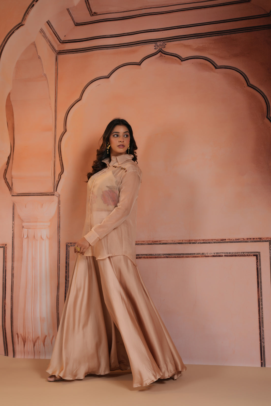 Beige Crepe Indo Western Outfit With Printed Crop Top And Collared Shirt Sharara Pant