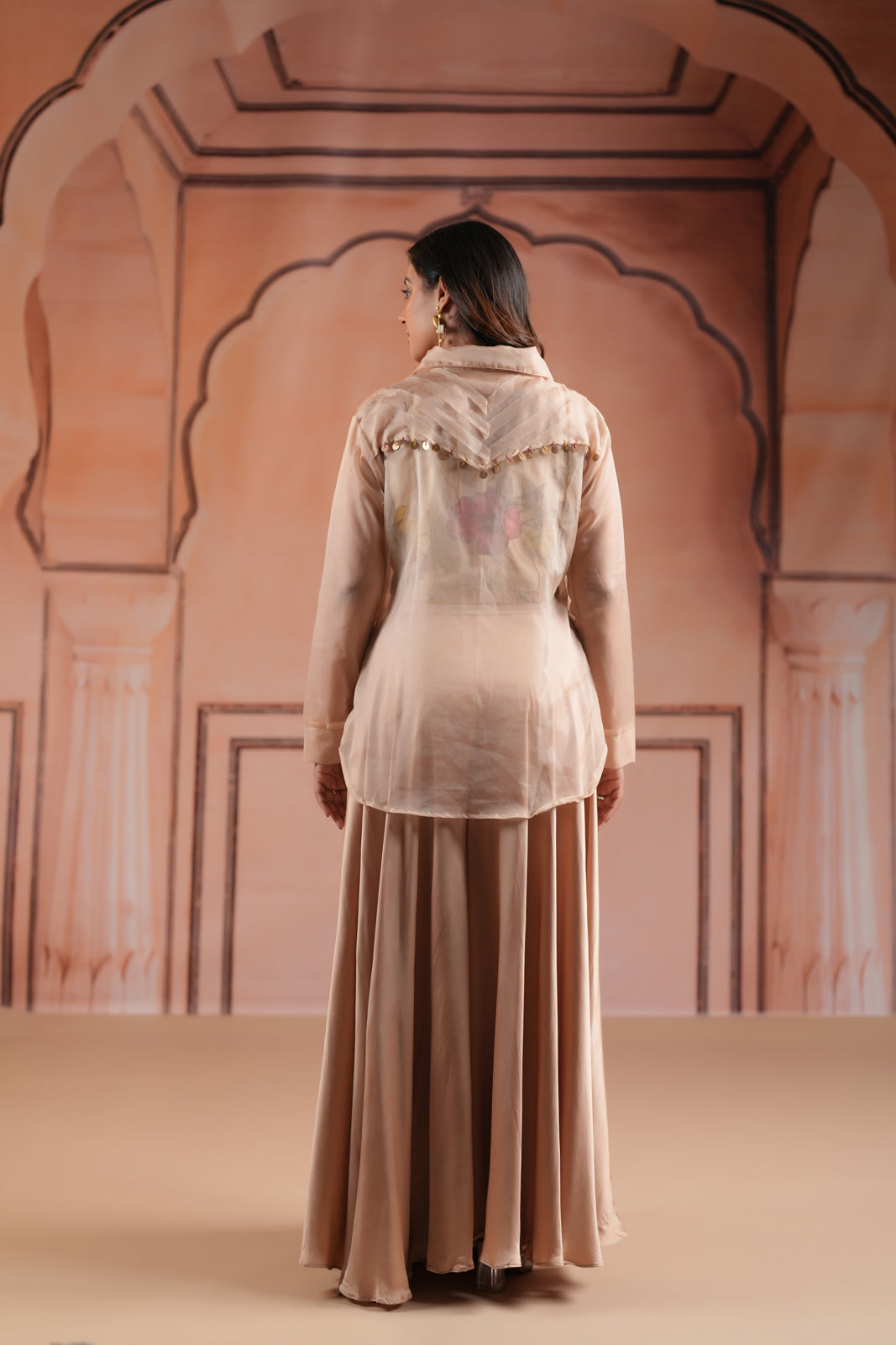 Beige Crepe Indo Western Outfit With Printed Crop Top And Collared Shirt Sharara Pant
