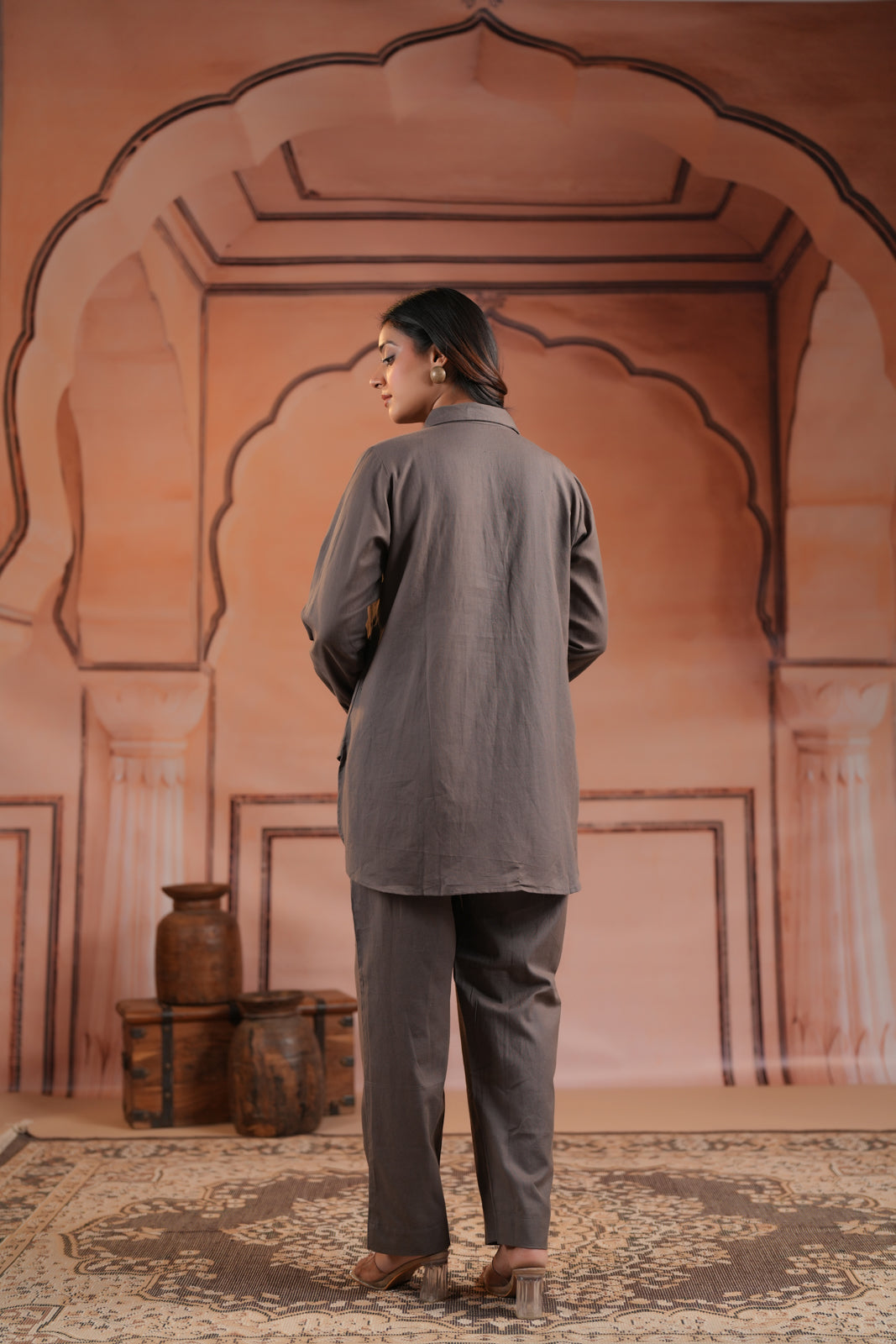 Grey Cotton Collared Statement Red Embroidery Accent Top & Pant