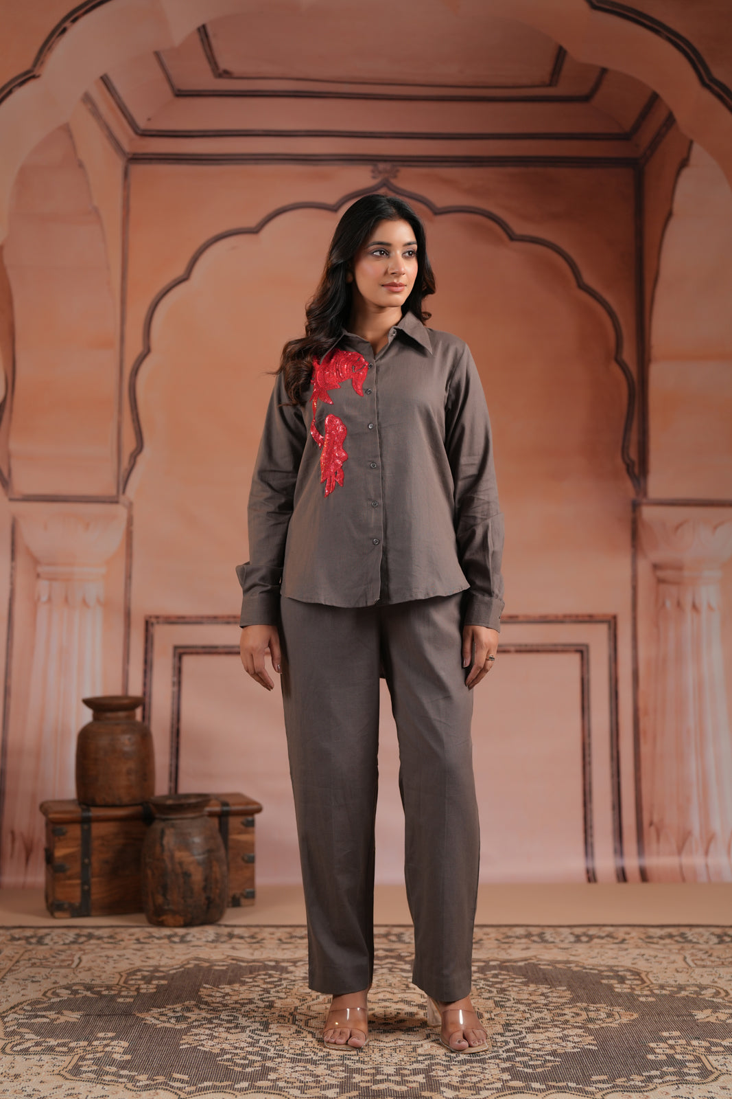 Grey Cotton Collared Statement Red Embroidery Accent Top & Pant