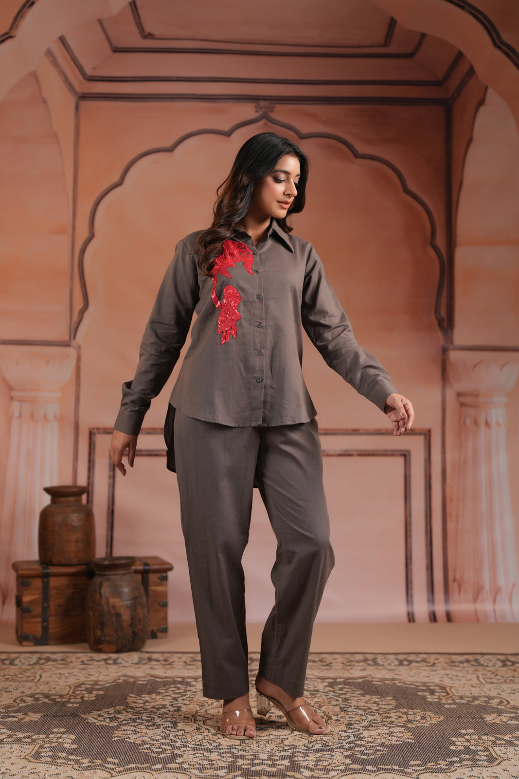 Grey Cotton Collared Statement Red Embroidery Accent Top & Pant