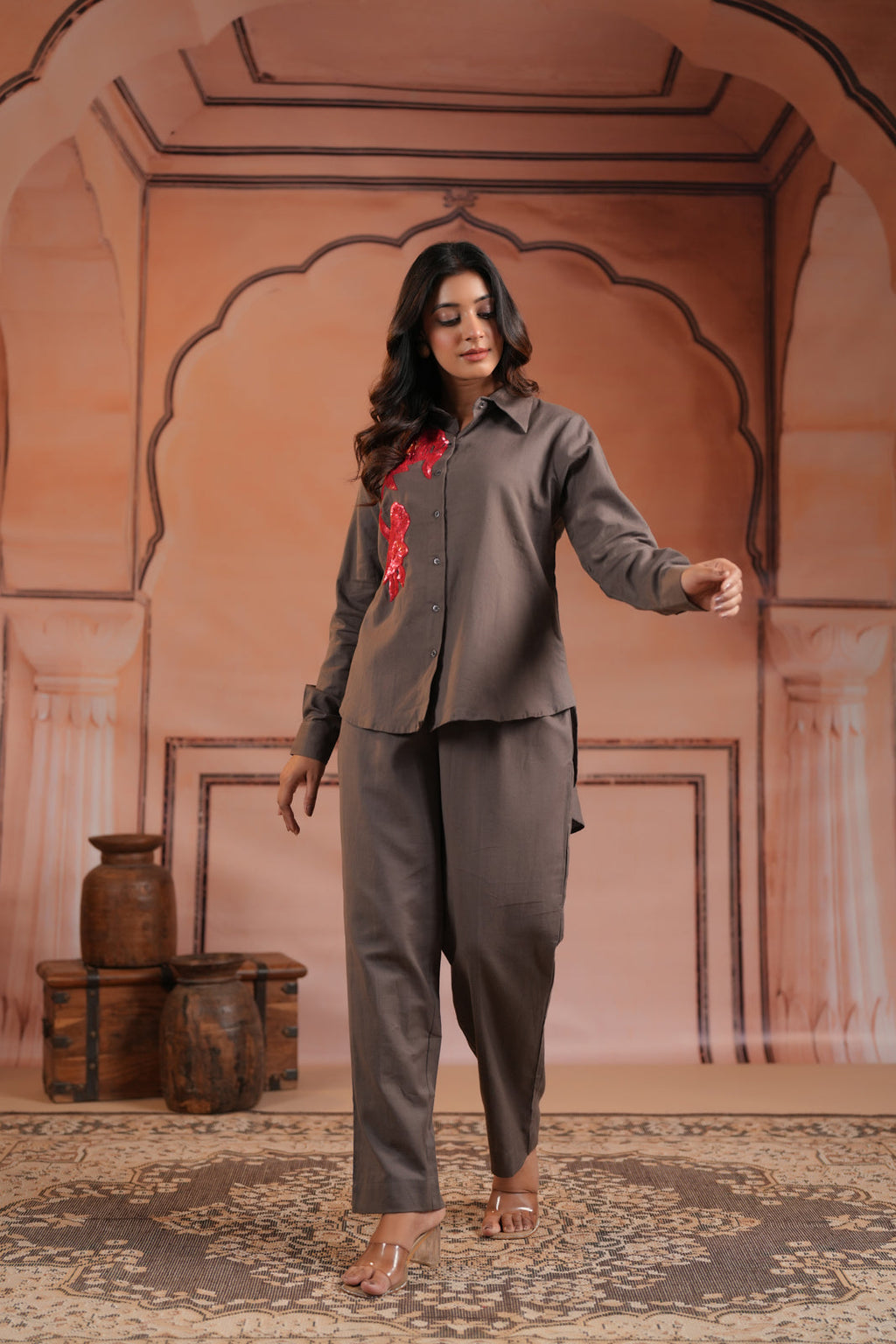 Grey Cotton Collared Statement Red Embroidery Accent Top & Pant