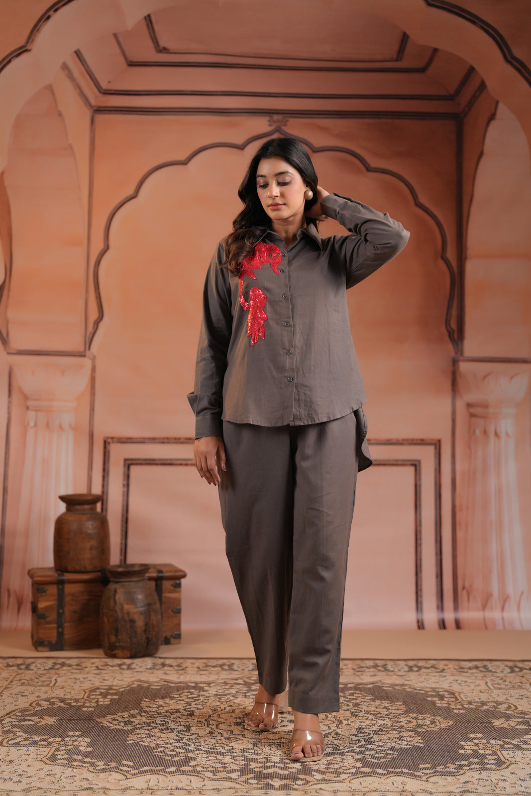 Grey Cotton Collared Statement Red Embroidery Accent Top & Pant