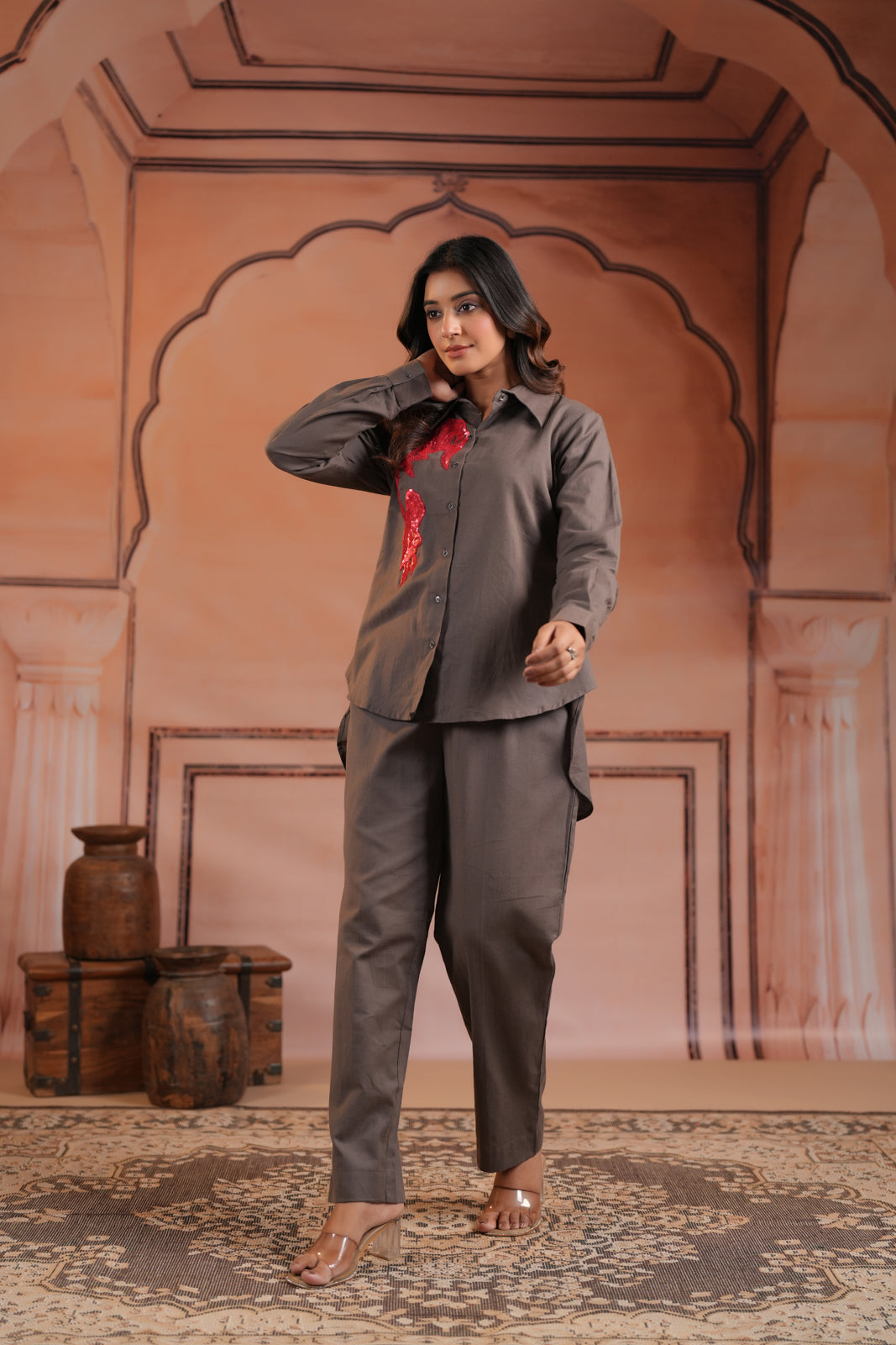 Grey Cotton Collared Statement Red Embroidery Accent Top & Pant