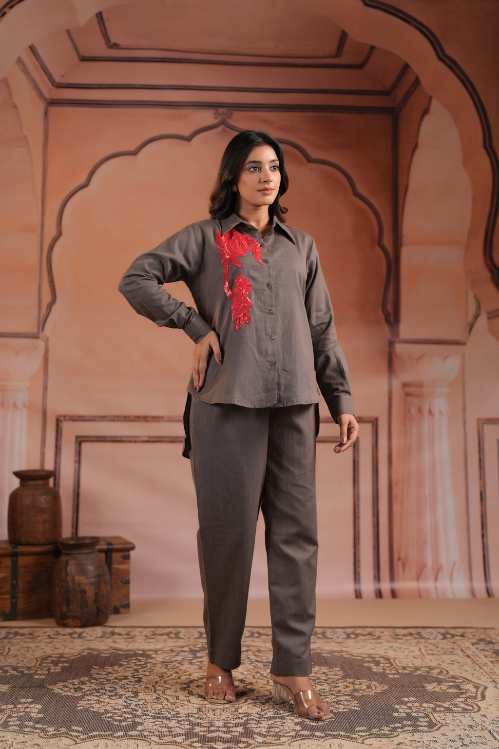 Grey Cotton Collared Statement Red Embroidery Accent Top & Pant
