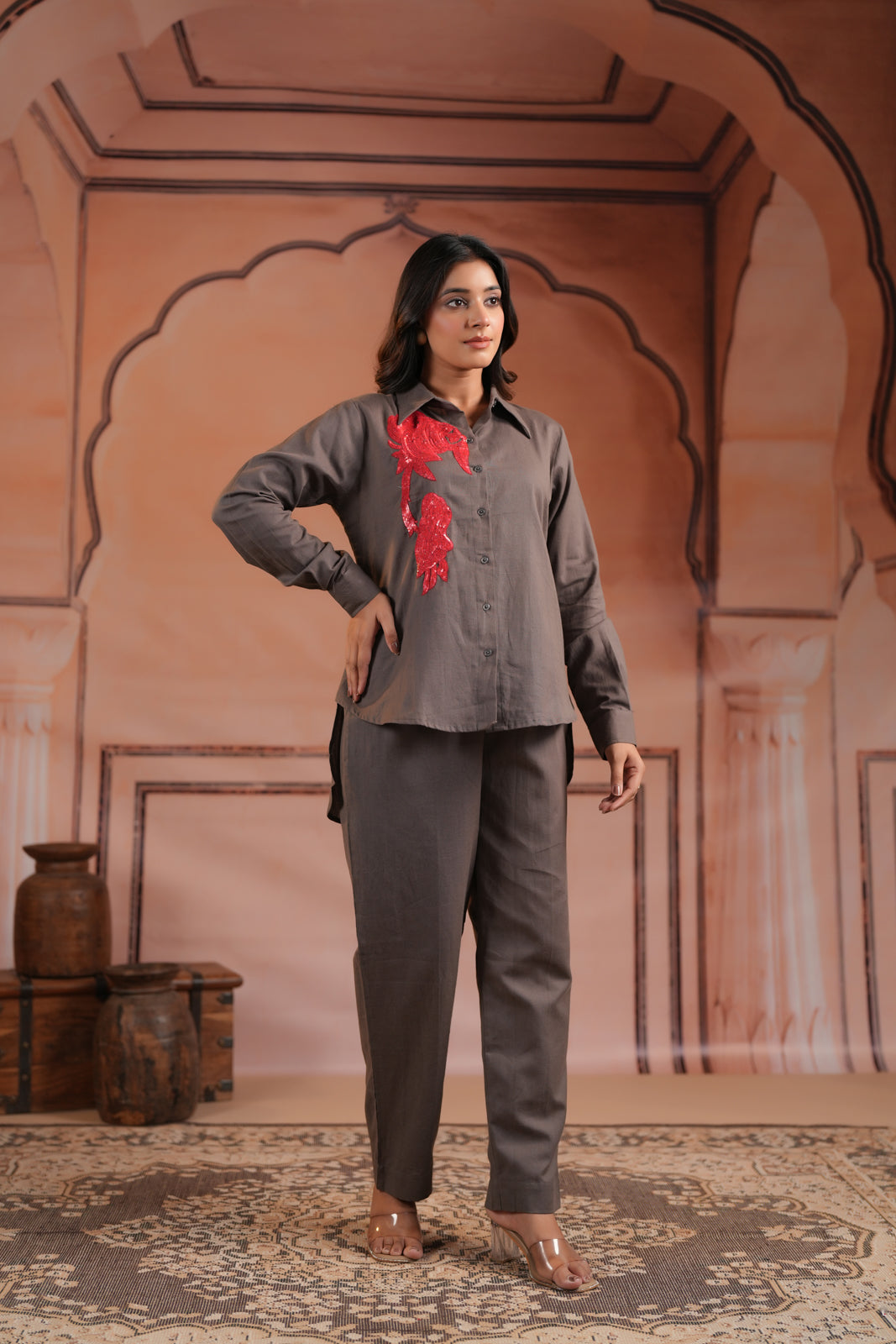 Grey Cotton Collared Statement Red Embroidery Accent Top & Pant