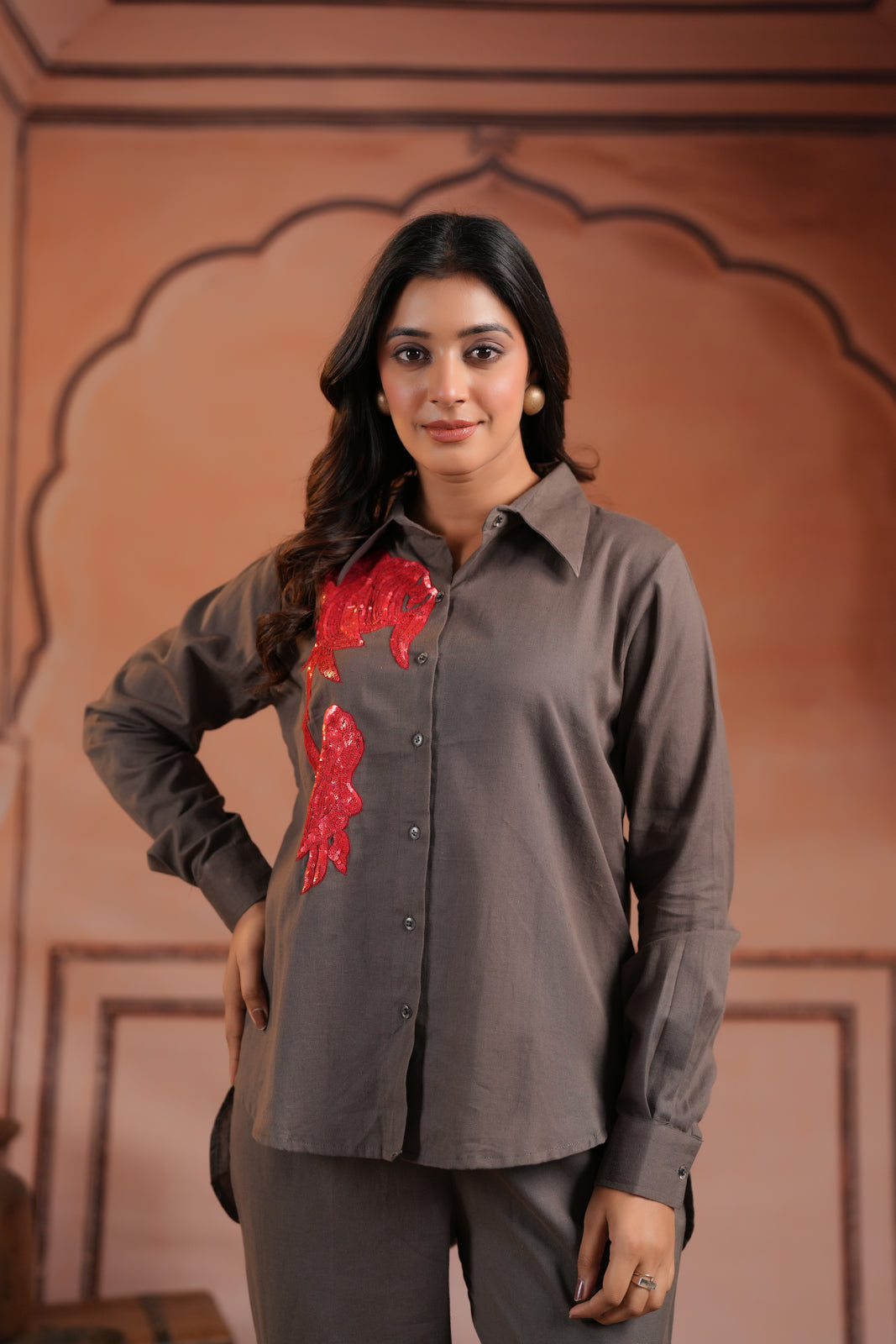 Grey Cotton Collared Statement Red Embroidery Accent Top & Pant