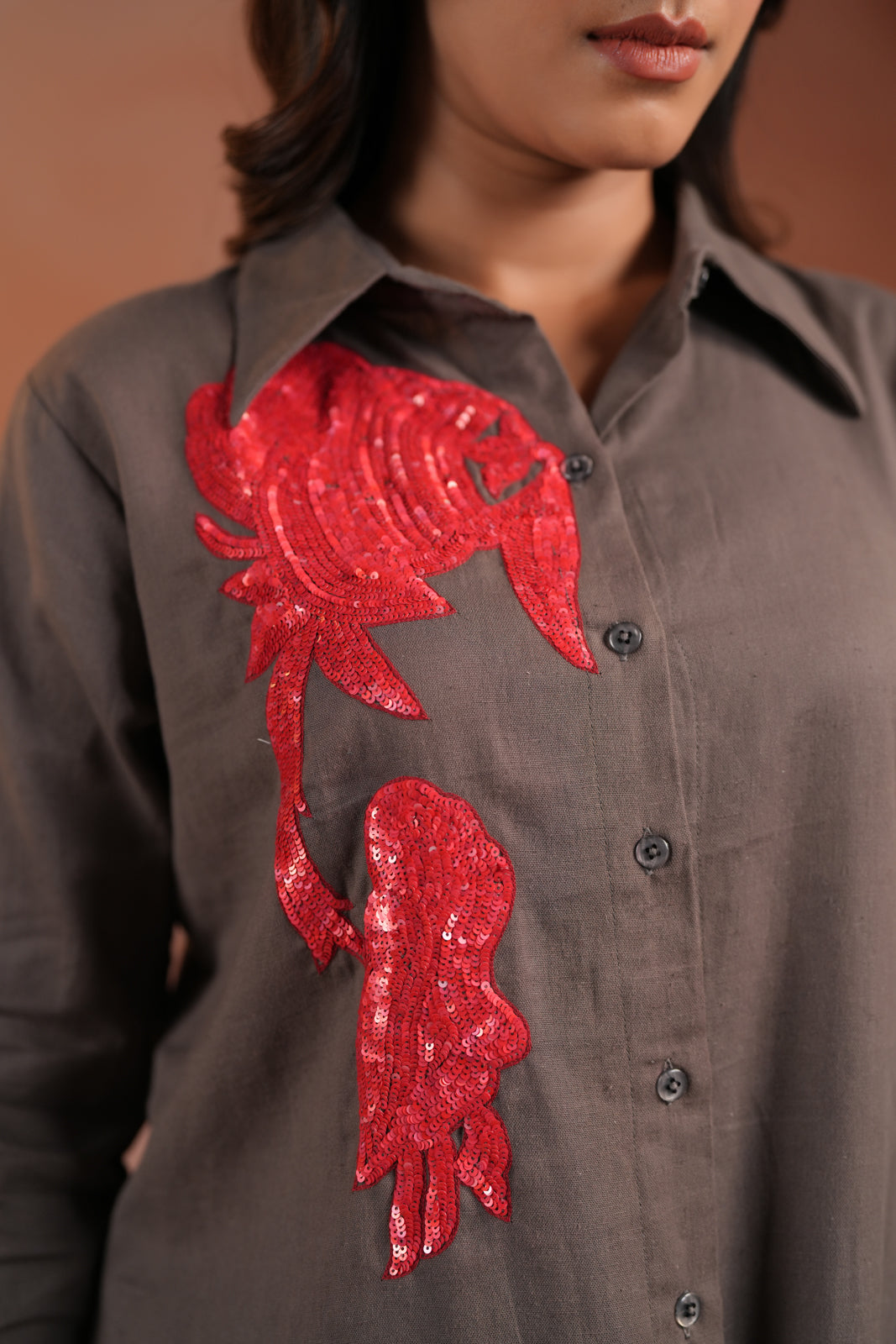 Grey Cotton Collared Statement Red Embroidery Accent Top & Pant