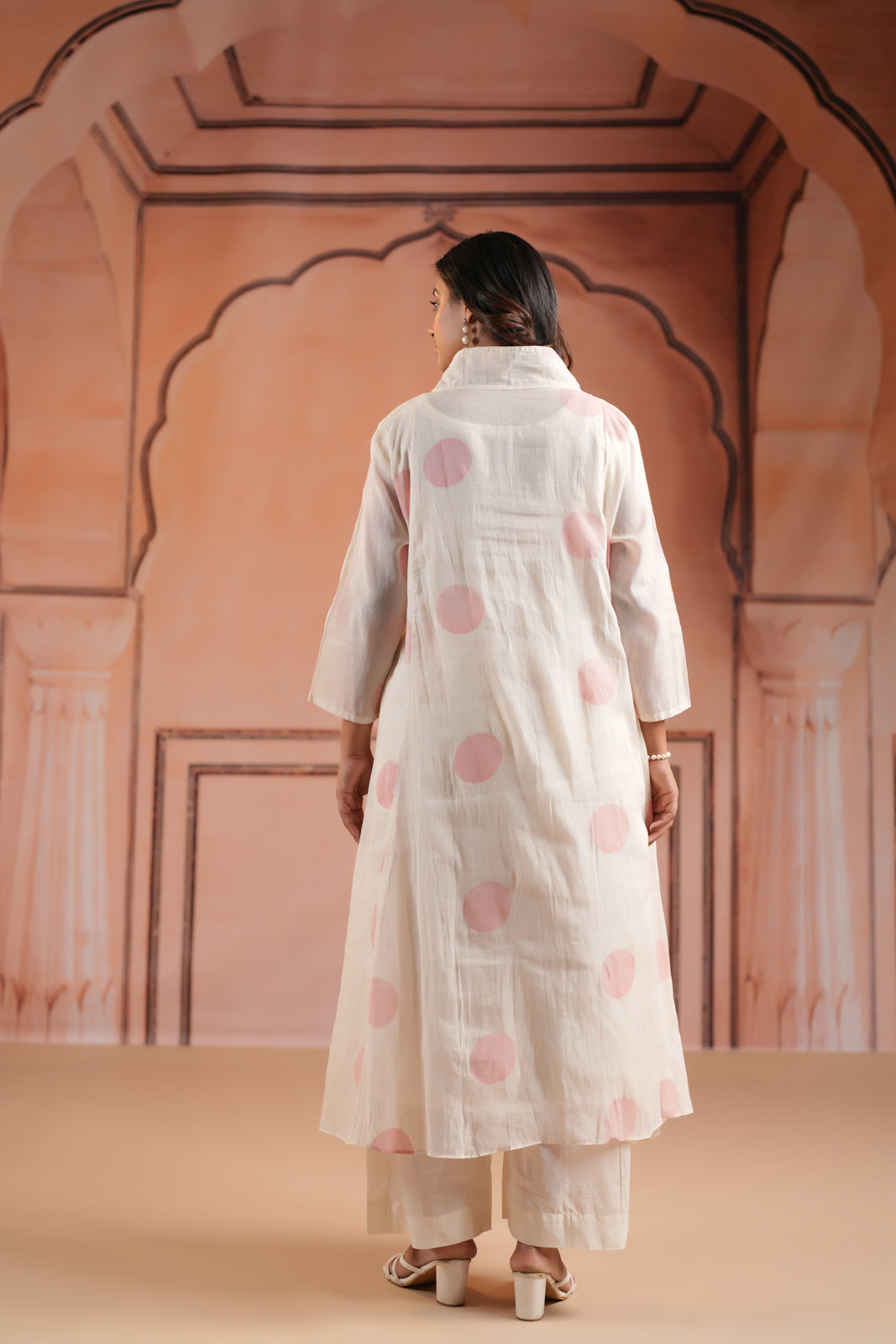 Off-White Cotton Anarkali Kurta With Pink Polka Dot Print And Matching Pant