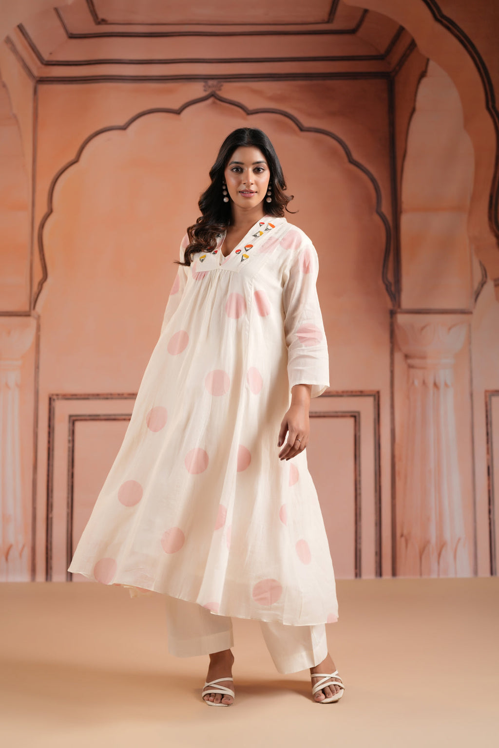 Off-White Cotton Anarkali Kurta With Pink Polka Dot Print And Matching Pant