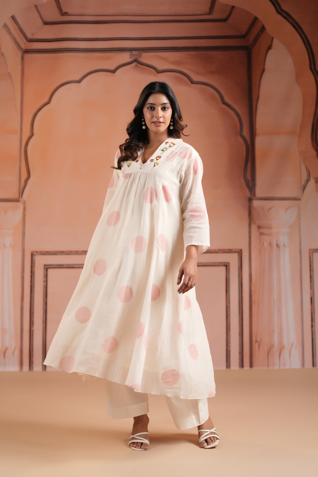 Off-White Cotton Anarkali Kurta With Pink Polka Dot Print And Matching Pant