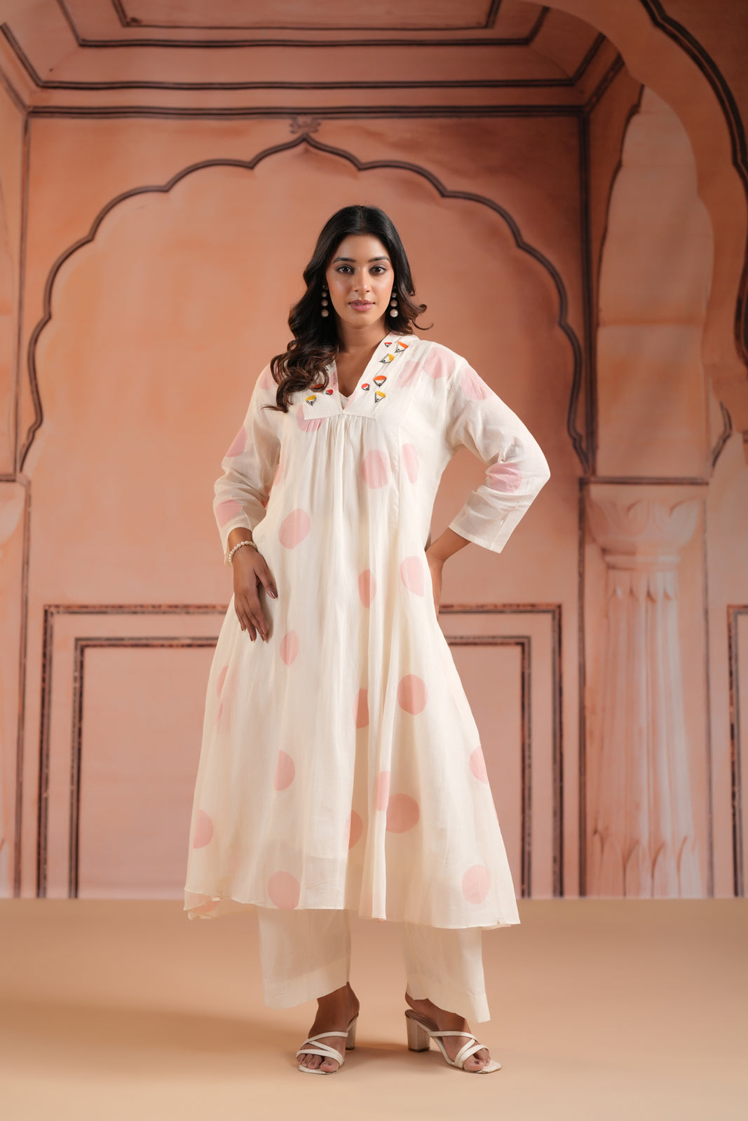 Off-White Cotton Anarkali Kurta With Pink Polka Dot Print And Matching Pant