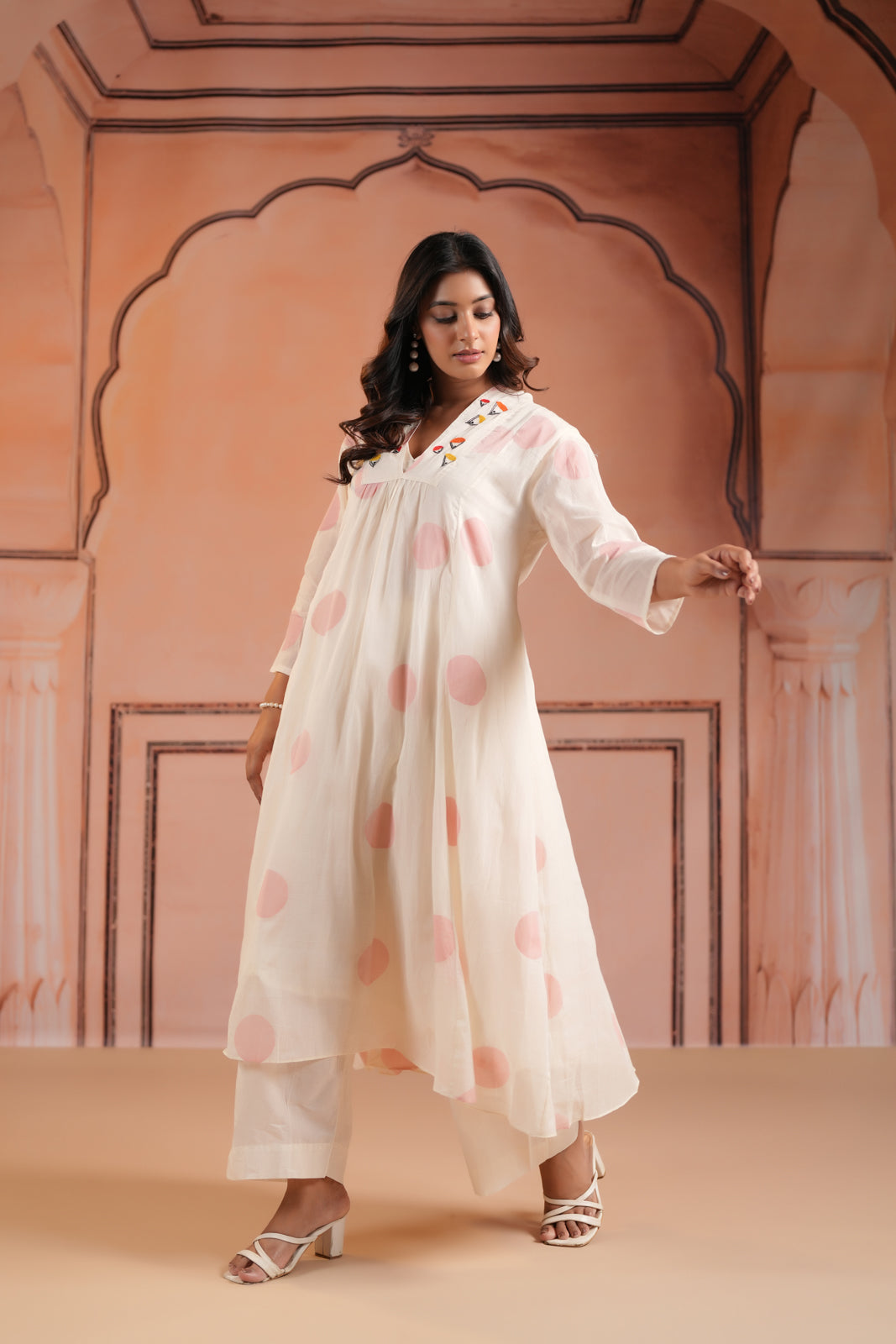 Off-White Cotton Anarkali Kurta With Pink Polka Dot Print And Matching Pant