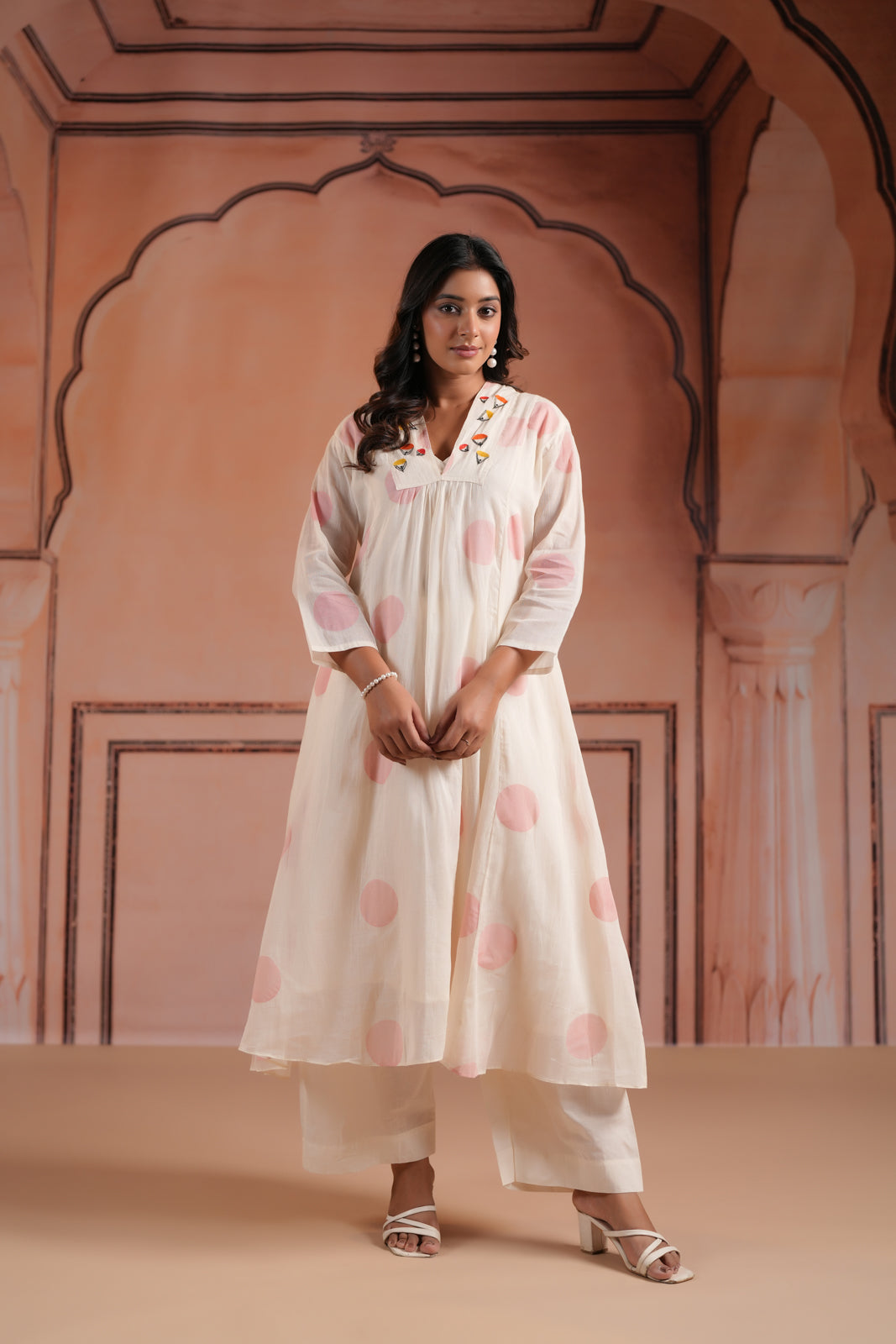 Off-White Cotton Anarkali Kurta With Pink Polka Dot Print And Matching Pant