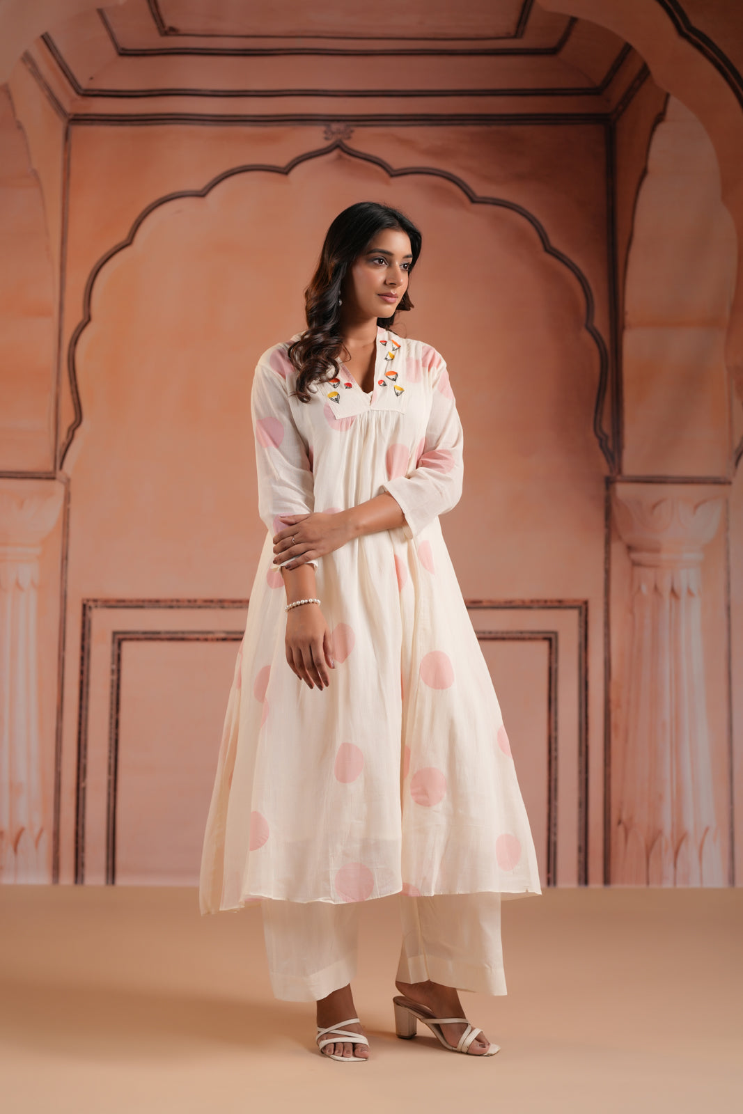 Off-White Cotton Anarkali Kurta With Pink Polka Dot Print And Matching Pant
