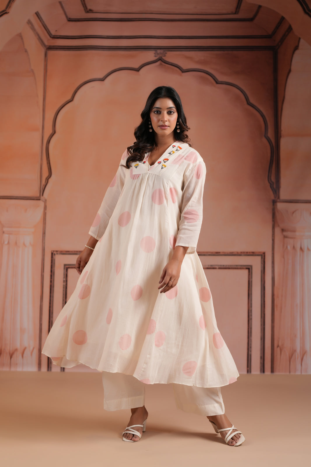 Off-White Cotton Anarkali Kurta With Pink Polka Dot Print And Matching Pant