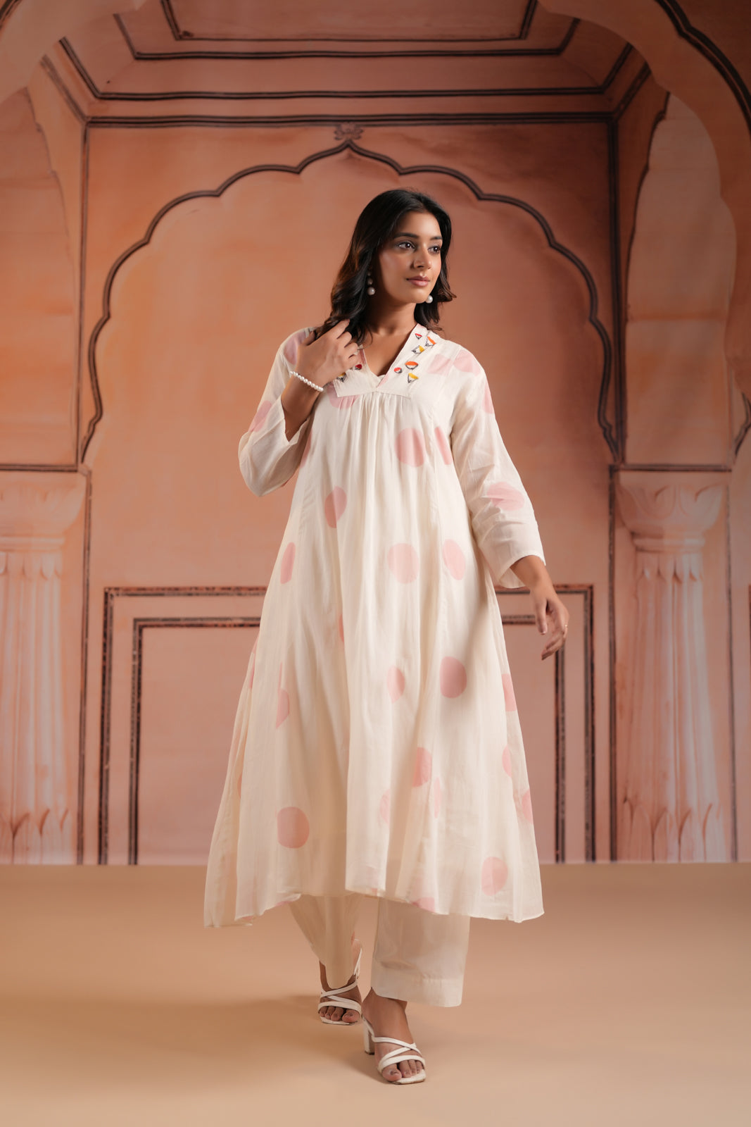 Off-White Cotton Anarkali Kurta With Pink Polka Dot Print And Matching Pant