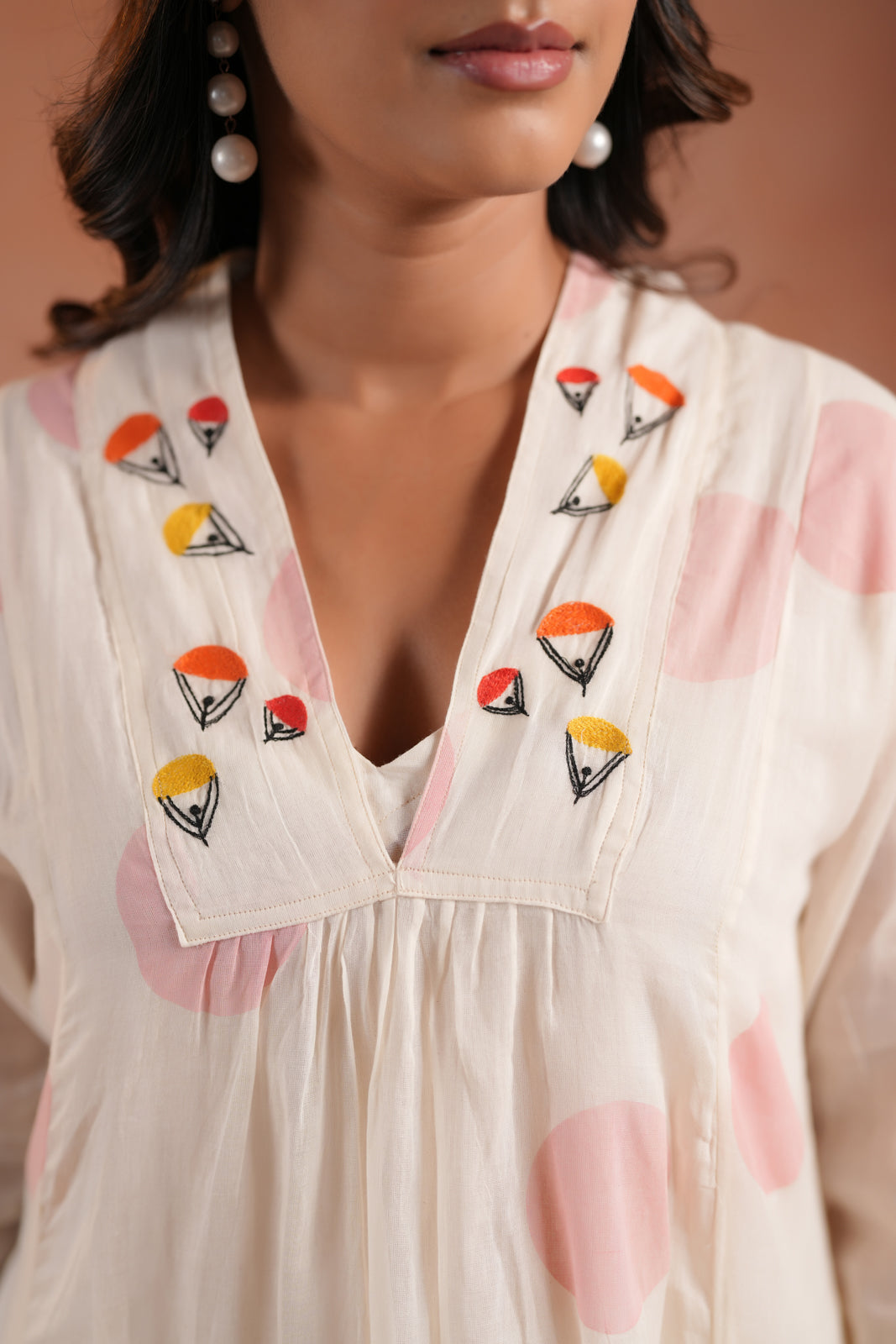 Off-White Cotton Anarkali Kurta With Pink Polka Dot Print And Matching Pant