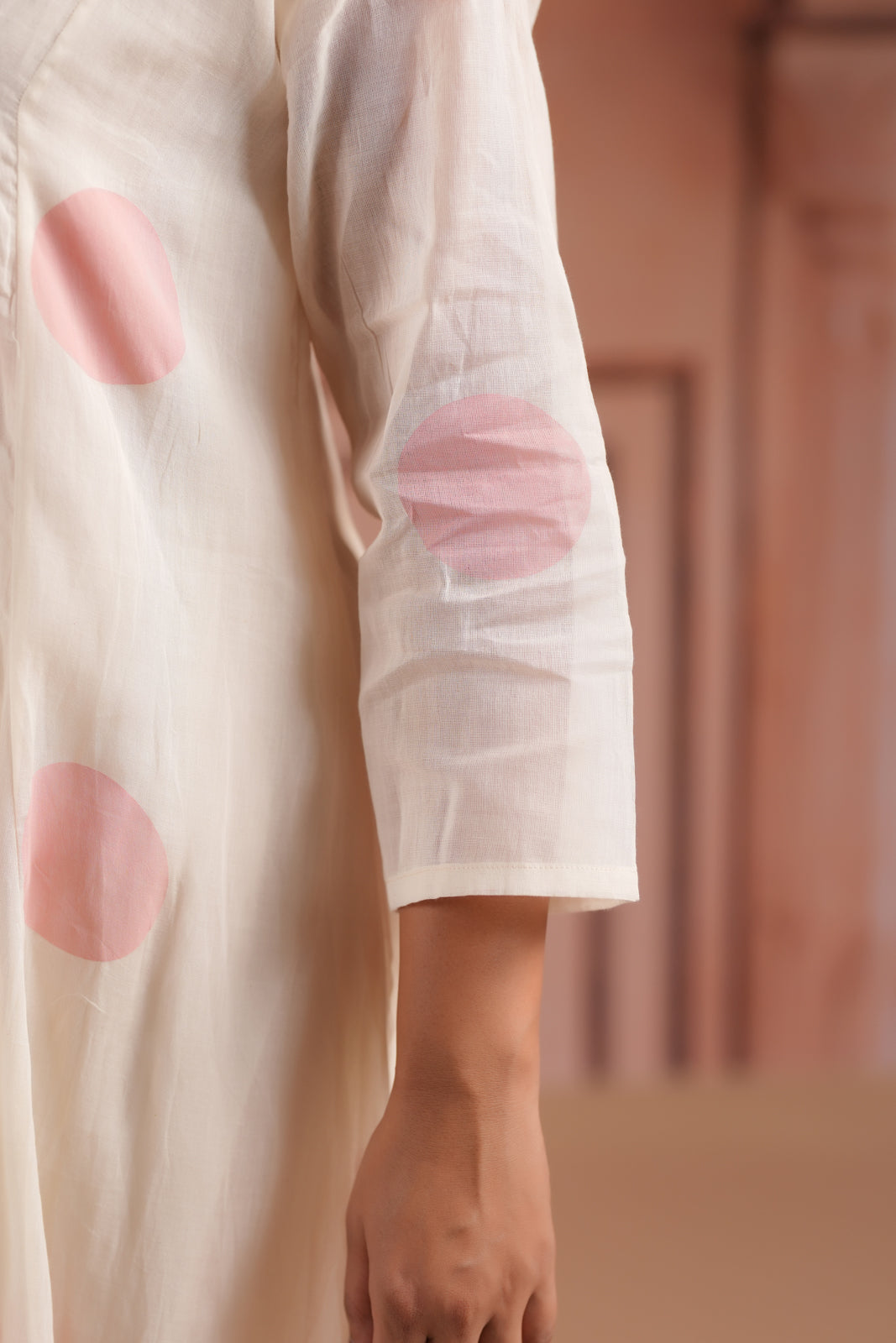 Off-White Cotton Anarkali Kurta With Pink Polka Dot Print And Matching Pant