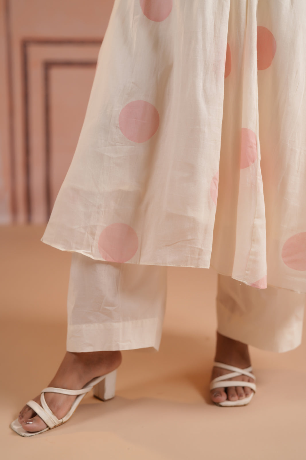 Off-White Cotton Anarkali Kurta With Pink Polka Dot Print And Matching Pant