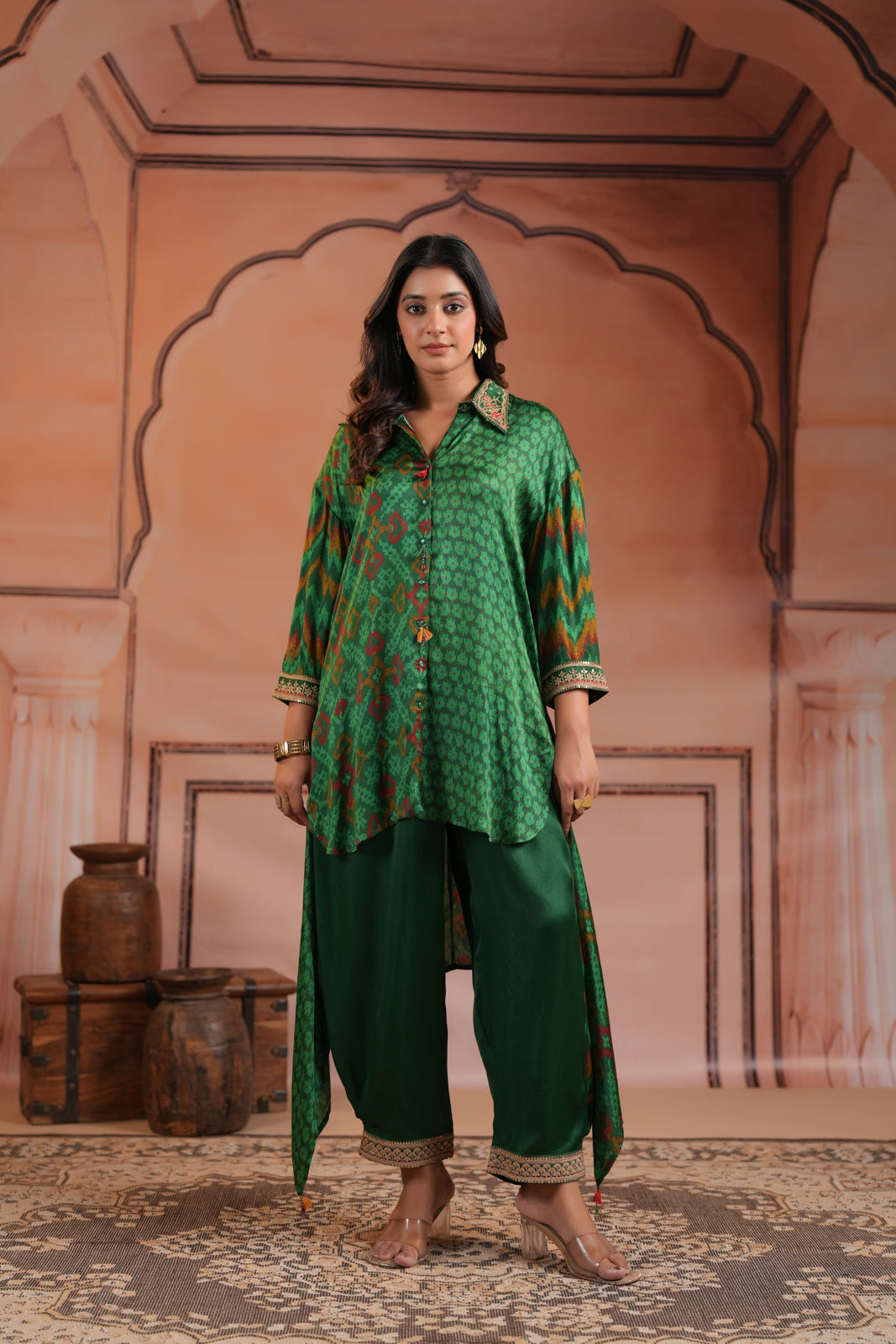 Green Satin Crepe High-Low Collared Printed Shirt And Plain Pant