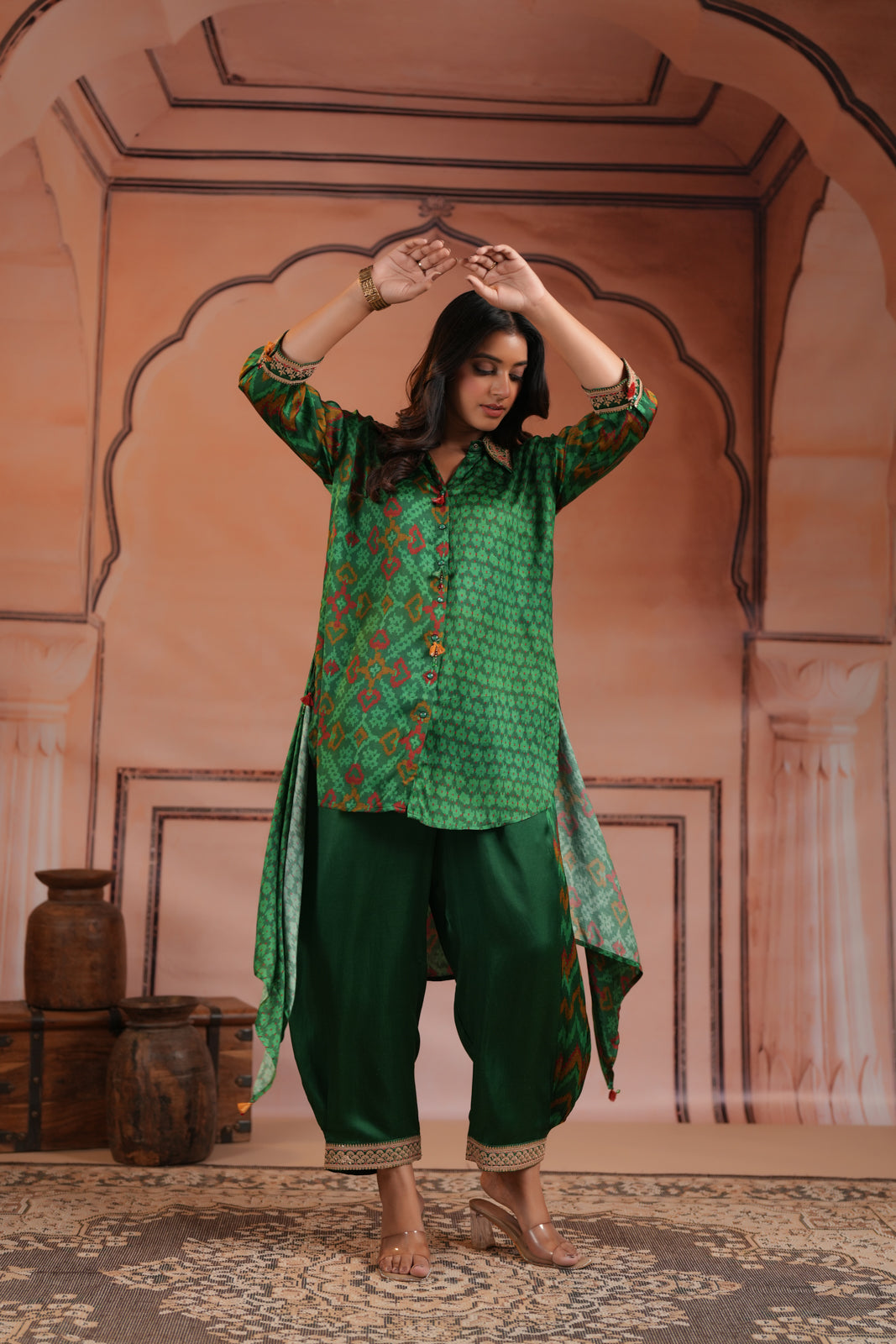 Green Satin Crepe High-Low Collared Printed Shirt And Plain Pant