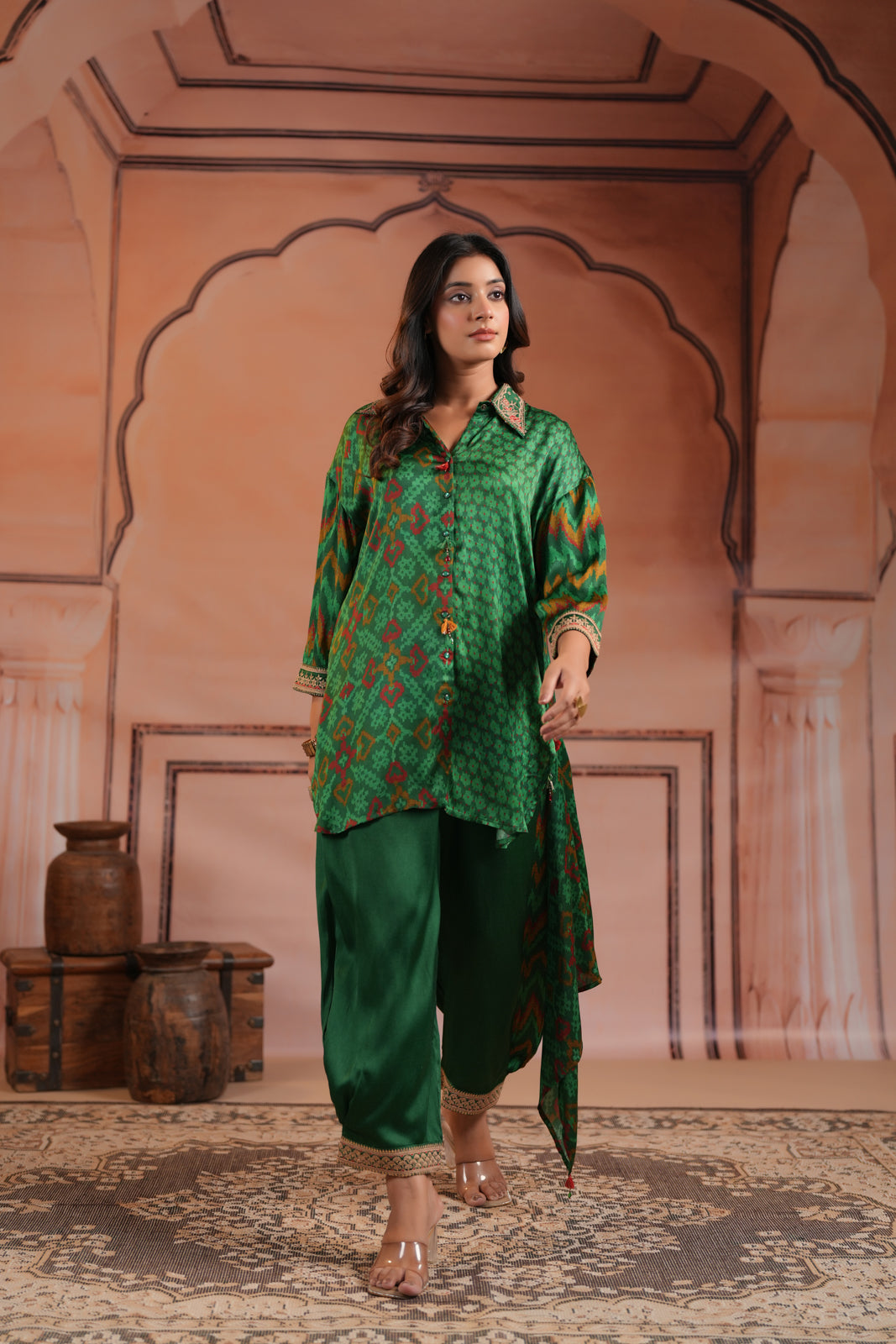 Green Satin Crepe High-Low Collared Printed Shirt And Plain Pant