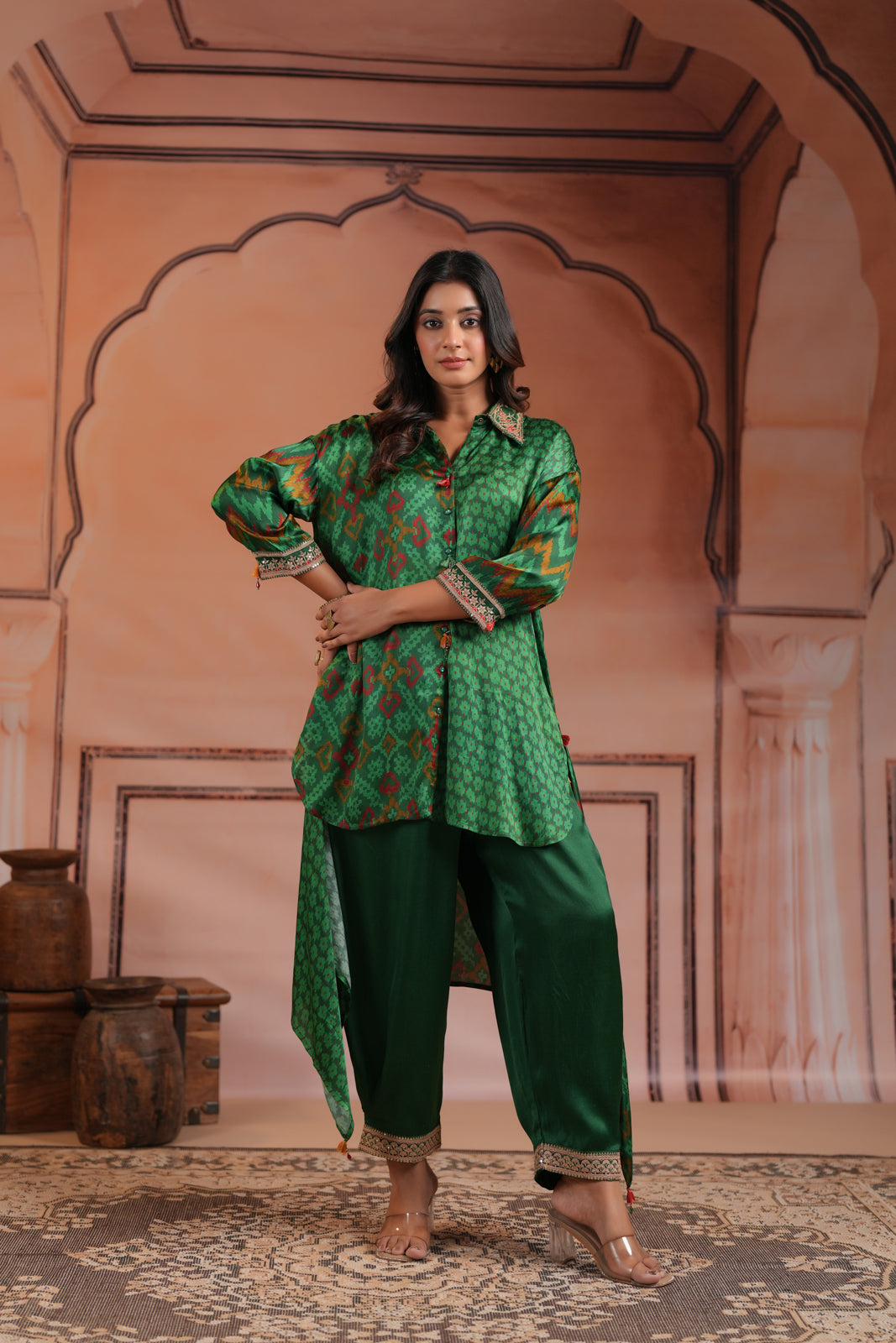 Green Satin Crepe High-Low Collared Printed Shirt And Plain Pant