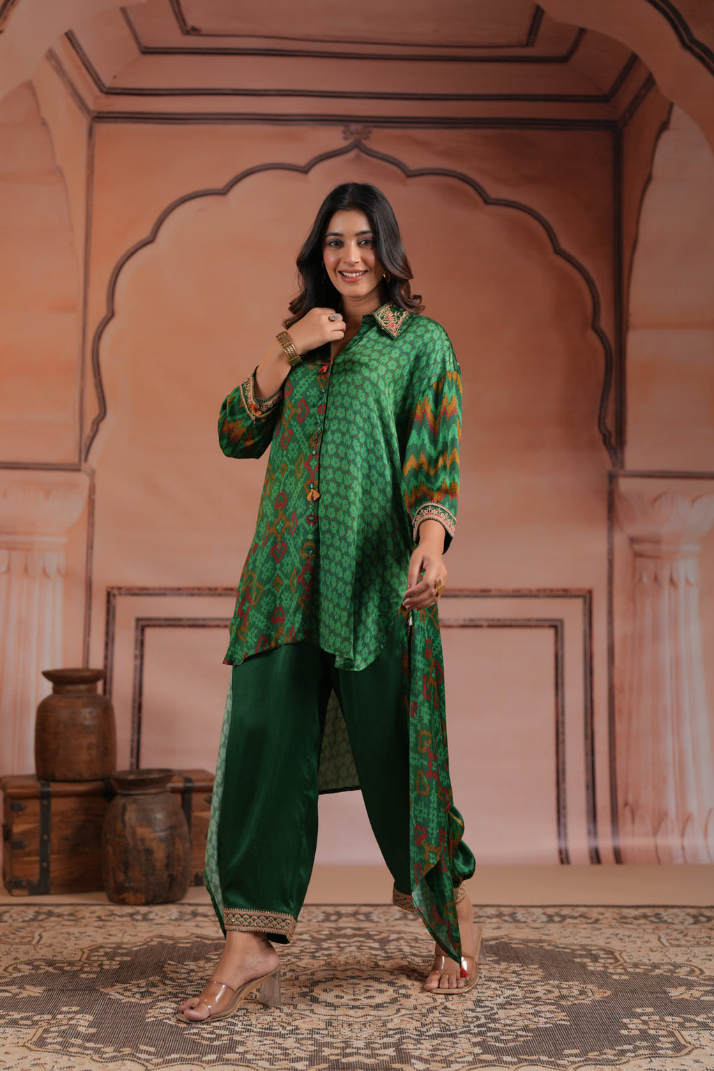 Green Satin Crepe High-Low Collared Printed Shirt And Plain Pant