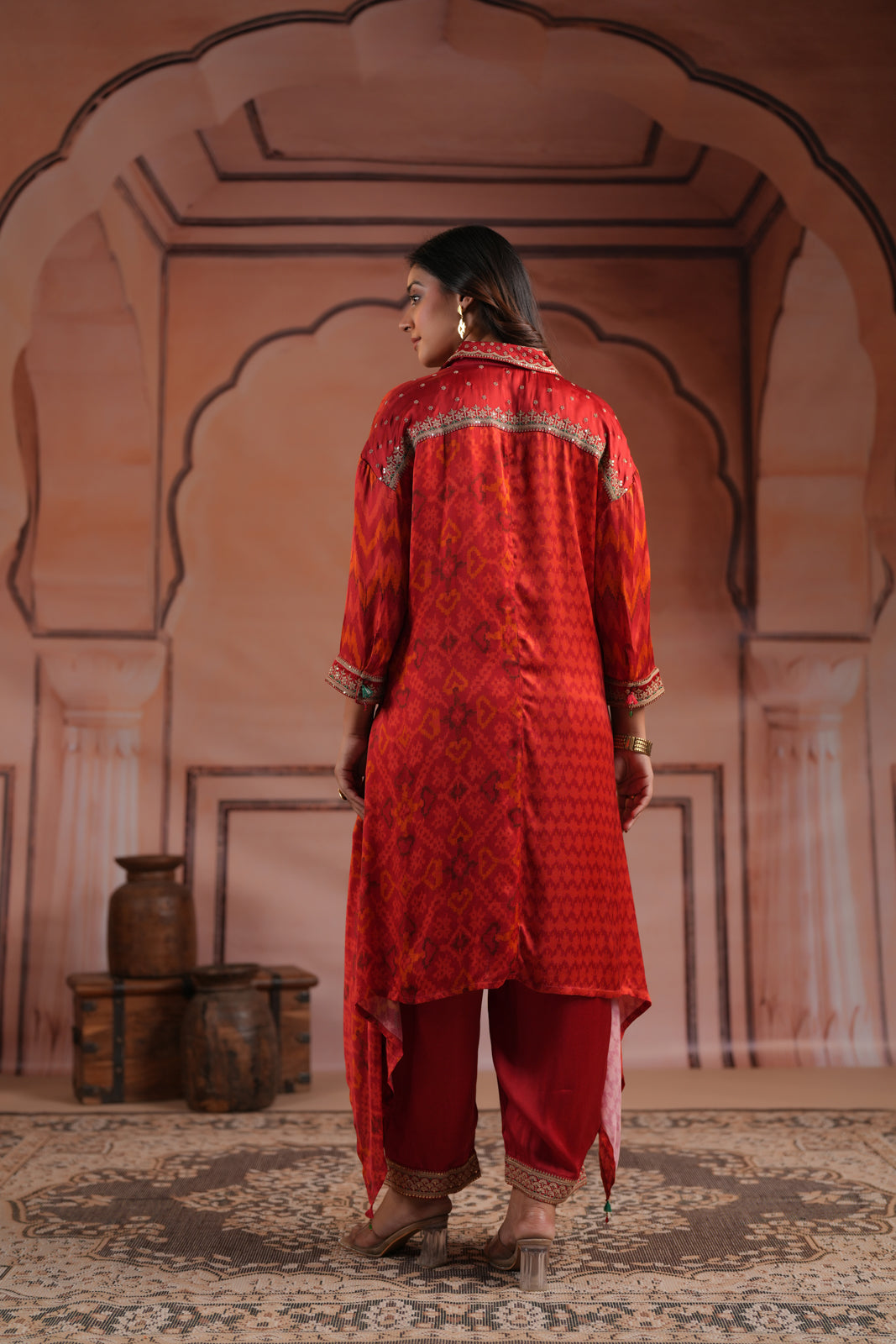 Red Satin Crepe High-Low Collared Printed Shirt And Plain Pant