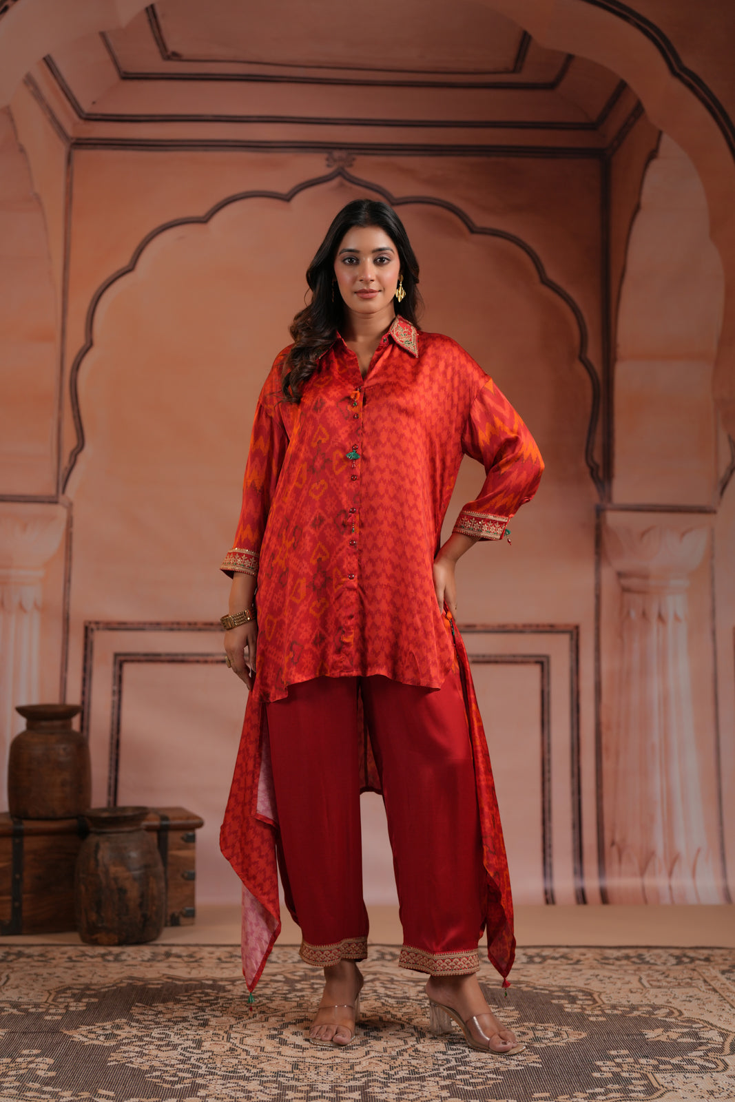Red Satin Crepe High-Low Collared Printed Shirt And Plain Pant