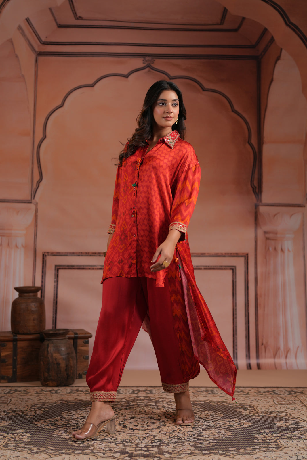 Red Satin Crepe High-Low Collared Printed Shirt And Plain Pant