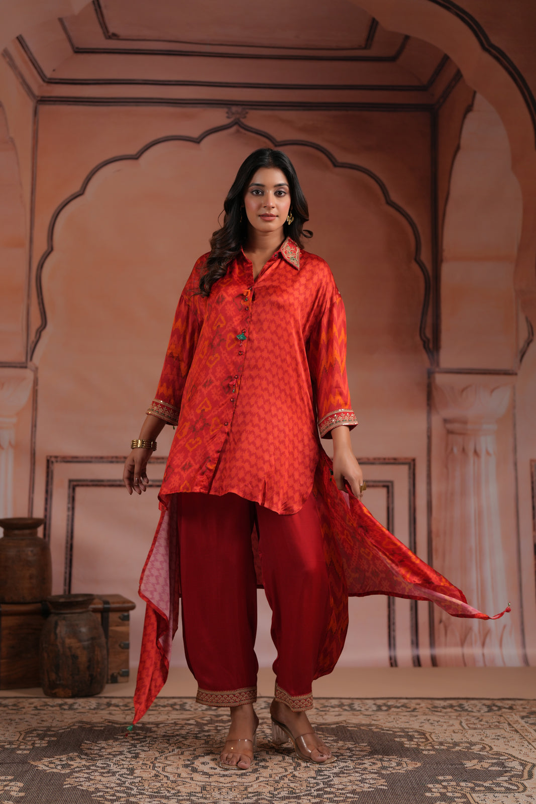 Red Satin Crepe High-Low Collared Printed Shirt And Plain Pant