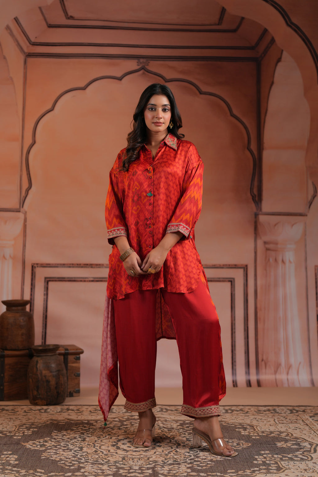 Red Satin Crepe High-Low Collared Printed Shirt And Plain Pant