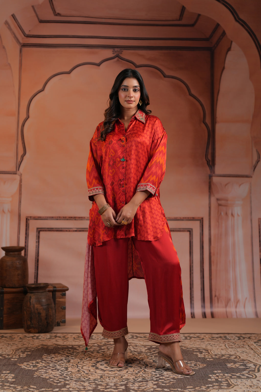 Red Satin Crepe High-Low Collared Printed Shirt And Plain Pant