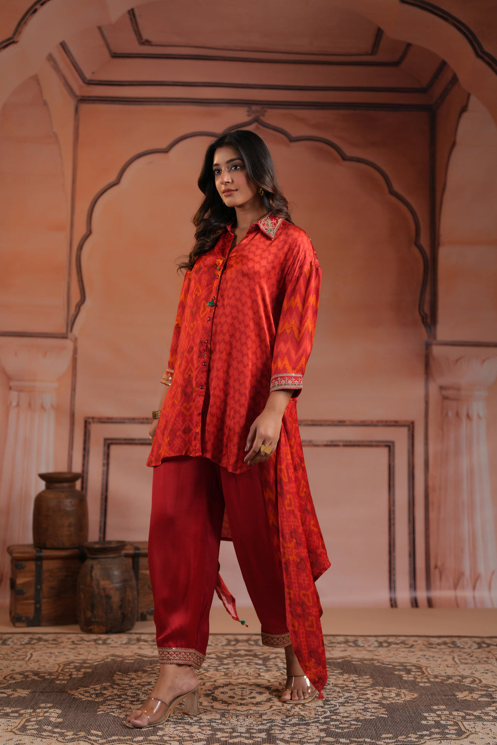 Red Satin Crepe High-Low Collared Printed Shirt And Plain Pant
