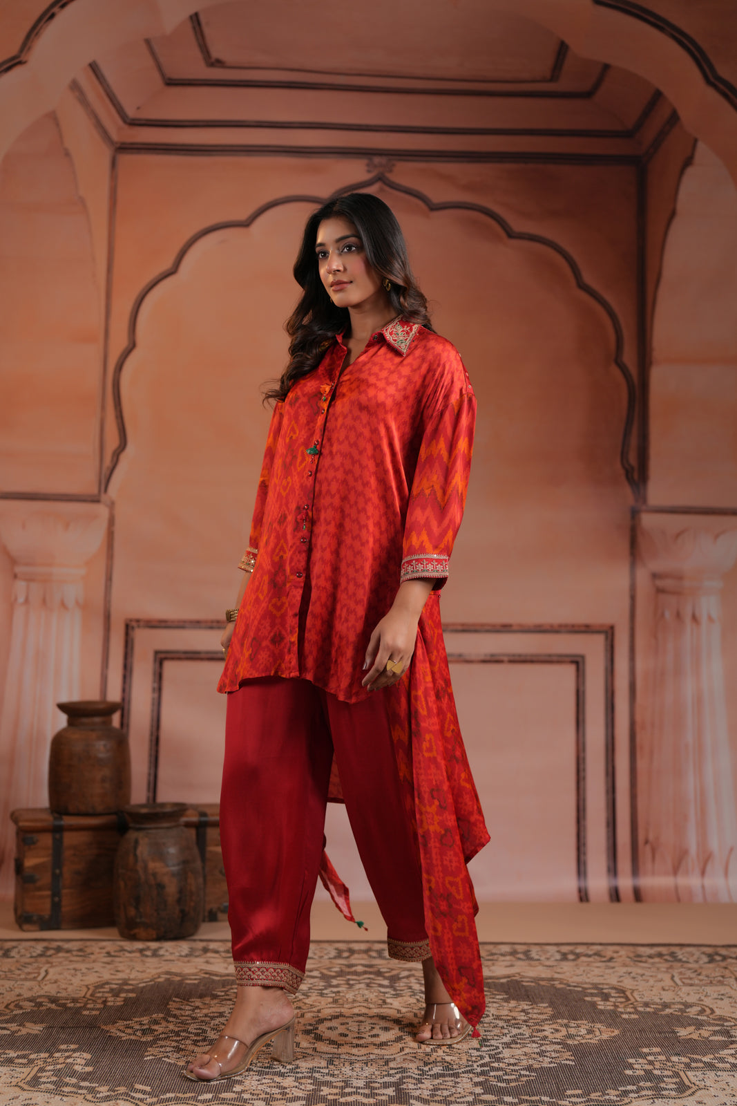 Red Satin Crepe High-Low Collared Printed Shirt And Plain Pant