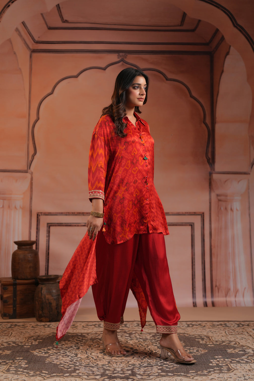 Red Satin Crepe High-Low Collared Printed Shirt And Plain Pant