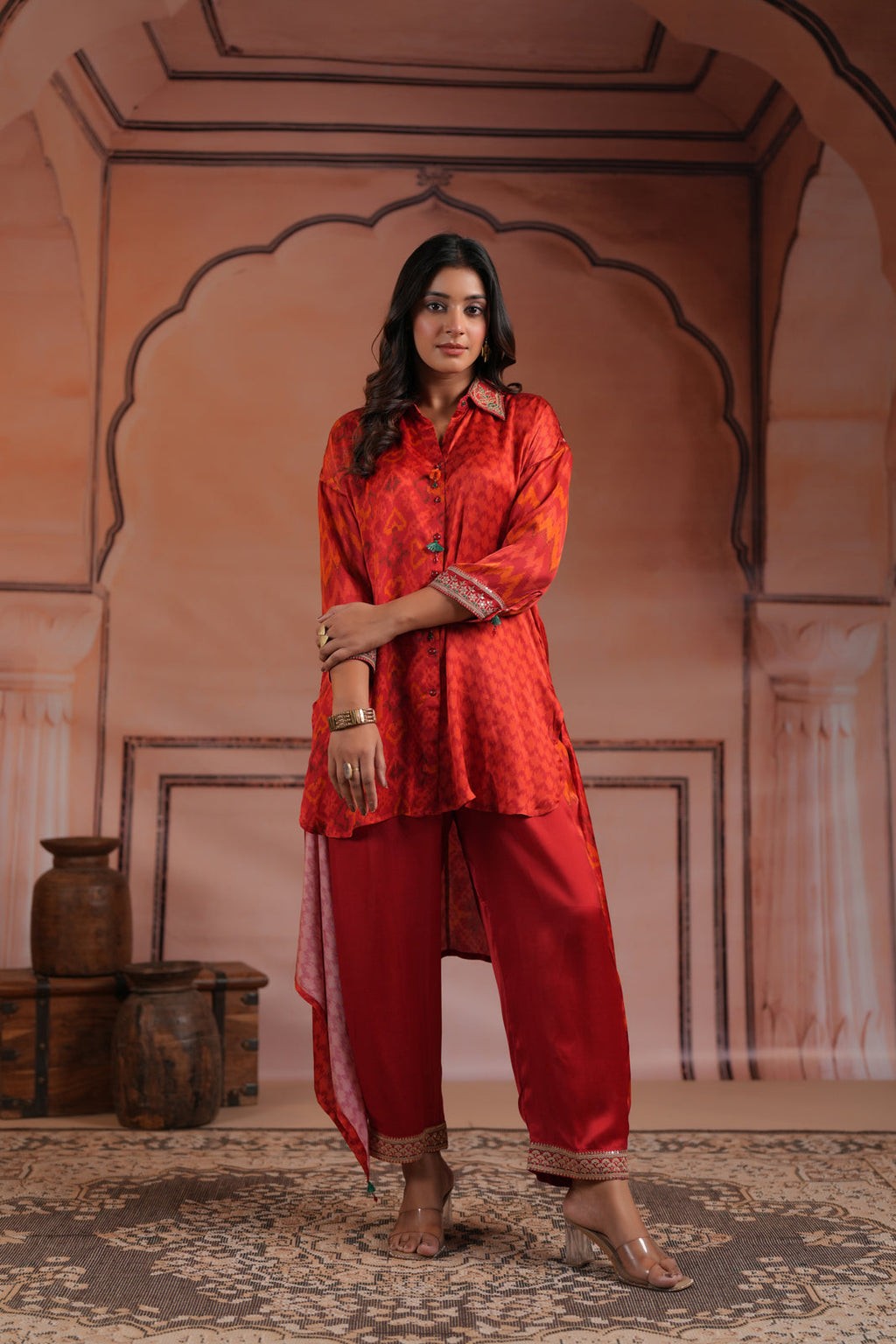 Red Satin Crepe High-Low Collared Printed Shirt And Plain Pant